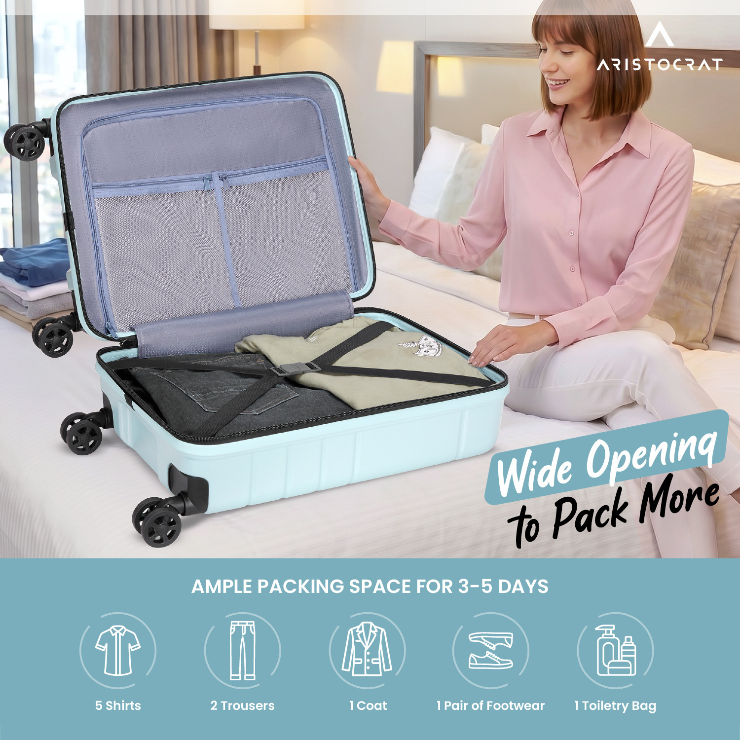Image of ARISTOCRAT Orbit Plus Hard Side Laptop Compartment Trolley Bag With Combination Lock Cabin Suitcase 8 Wheels - 22 Inch