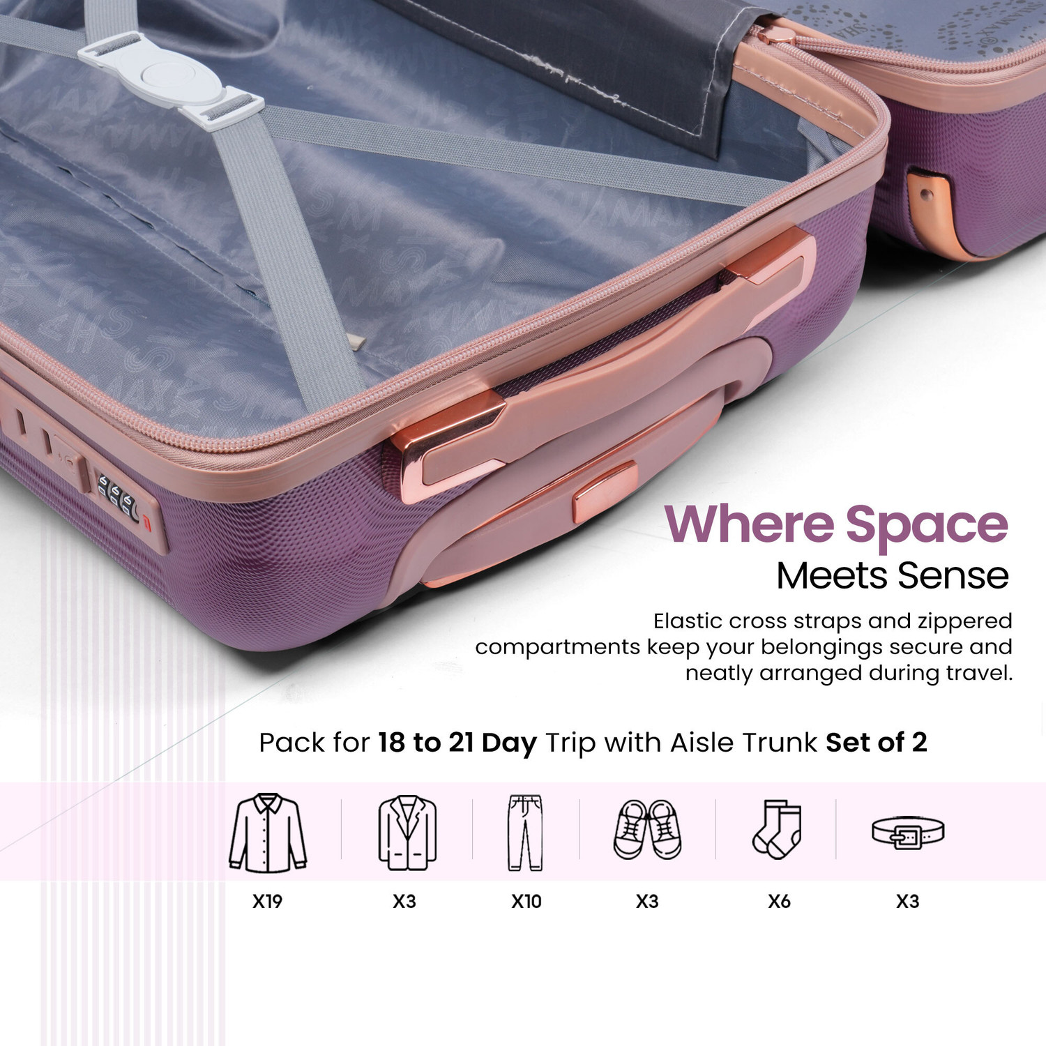 Image of Shamax Hard Shell Trolley Bag TSA Lock 360 Wheels Travel Suitcase for Men & Women Expandable Cabin Suitcase 8 Wheels - 24 inch