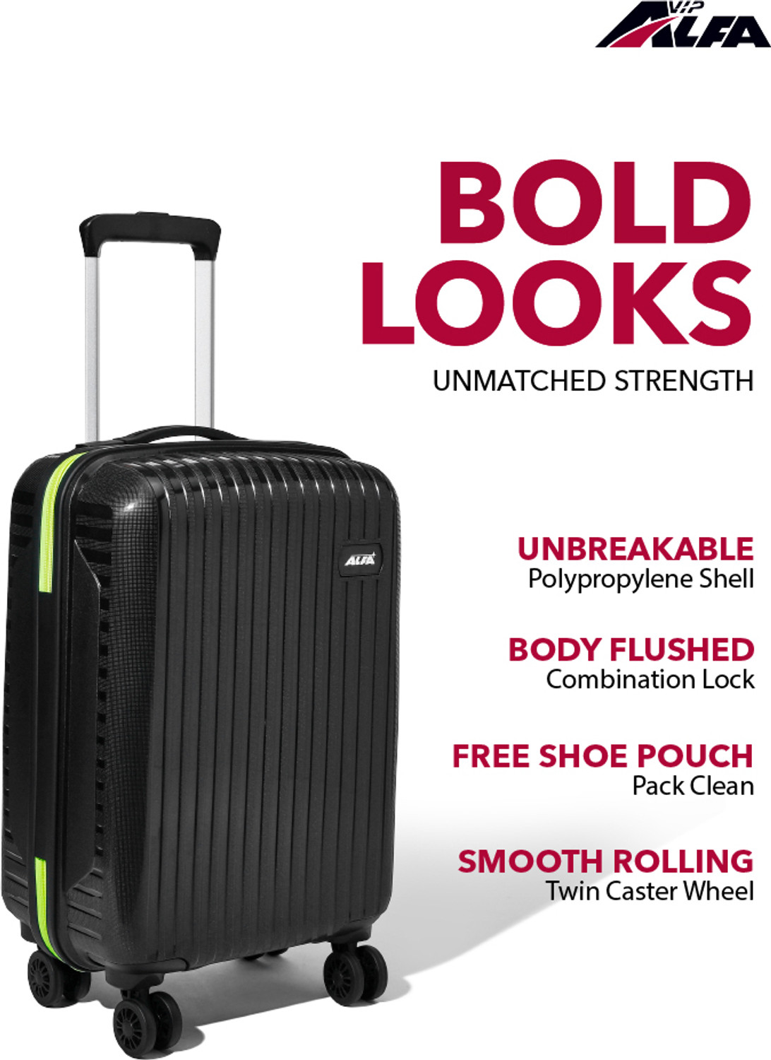 Image of ALFA by VIP Excel Secure Hard Side Luggage | Trolley Bag With Flushed Combination Lock Cabin & Check-in Set 8 Wheels - 26 Inch