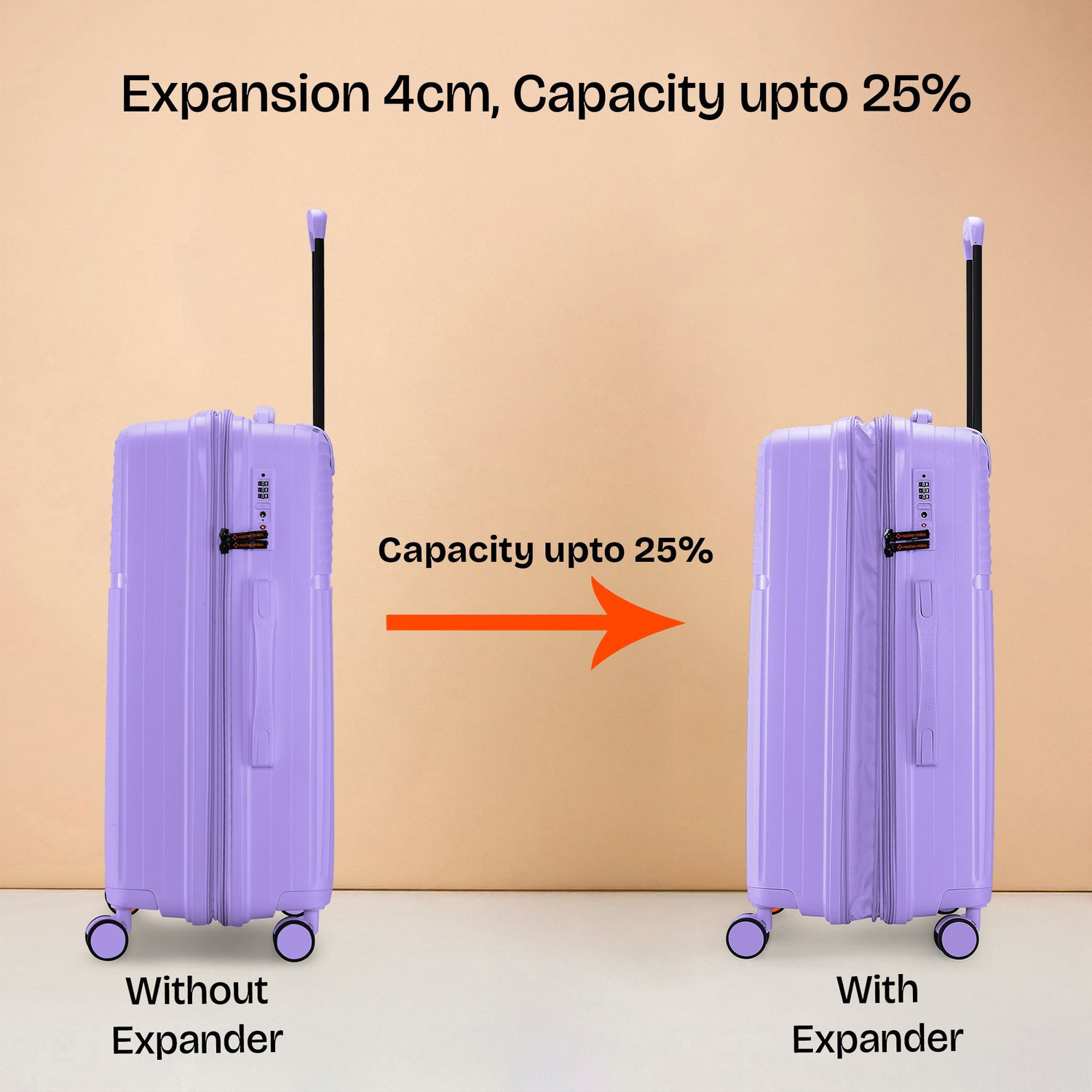 Image of NASHER MILES Krabi Expander Hardside Polypropylene Cabin Pastel Purple 55cm Trolley Bag Expandable Cabin Suitcase 8 Wheels - 20 inch