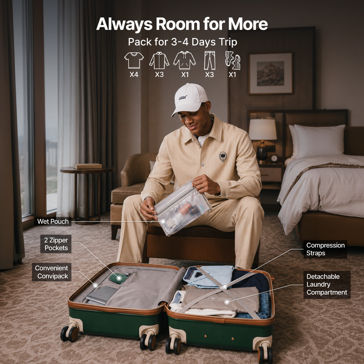 Image of Uppercase Chester Cabin Court Green Hard Luggage with Organized Interior & Dual Wheels Expandable Cabin Suitcase 8 Wheels - 23 inch