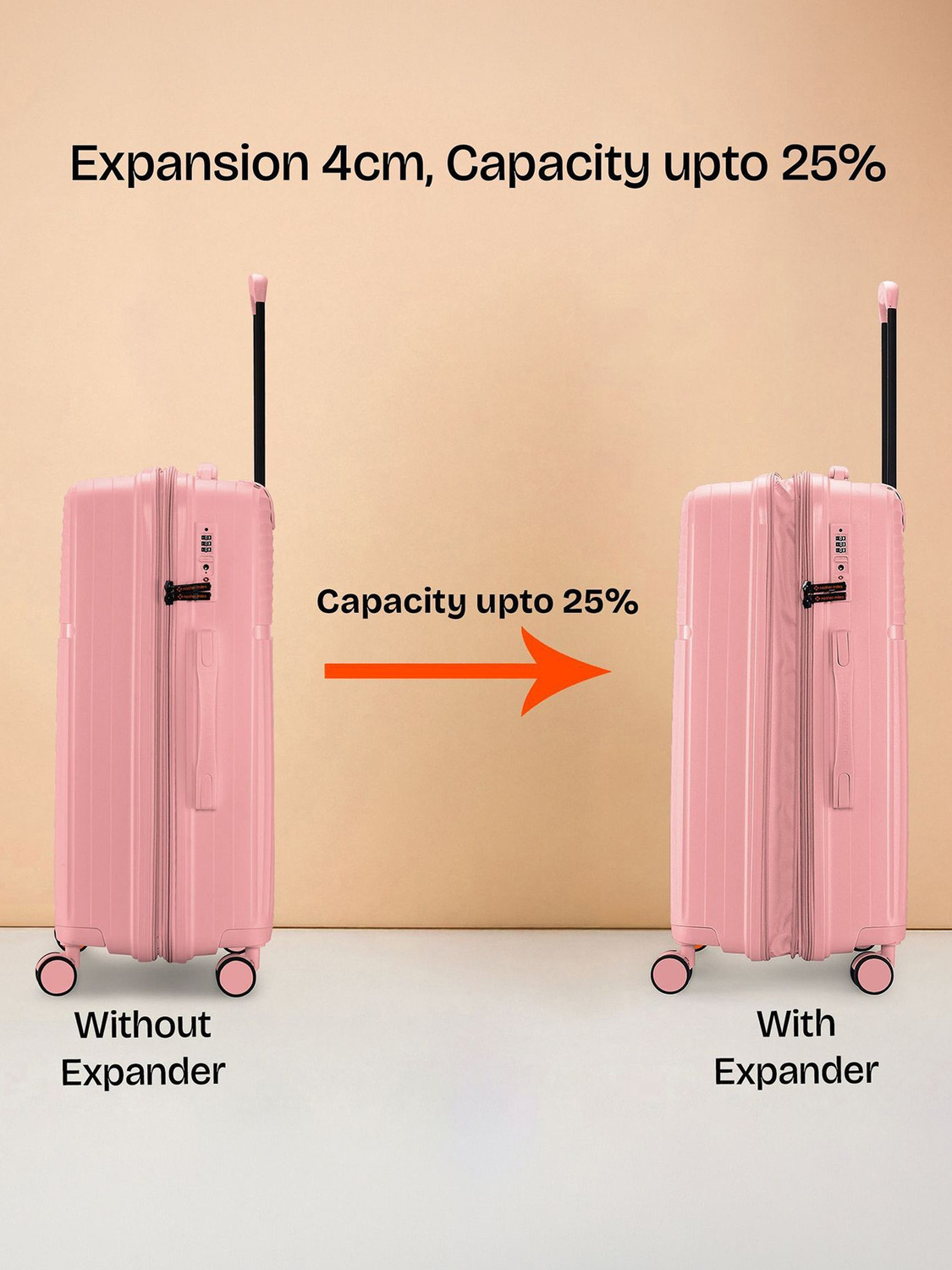Image of NASHER MILES Hardside Polypropylene Peach Trolley Bags (55,65&75cm) Expandable Cabin & Check-in Set 8 Wheels - 28 inch