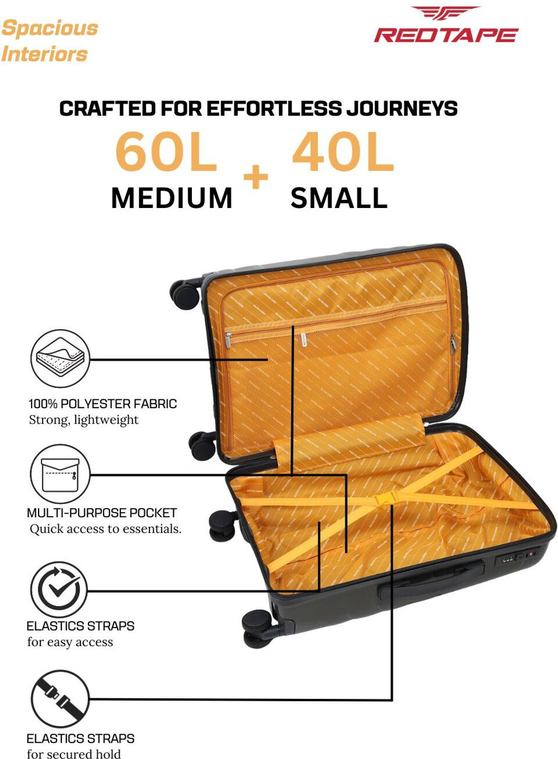 Image of Red Tape Unisex Polycarbonate Hard Trolley Bag Set of 2 (Medium 66 cm + Small 56 cm) Cabin & Check-in Set 8 Wheels - 24 inch