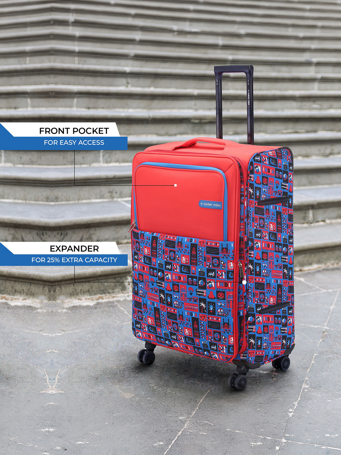 Image of NASHER MILES India Polyester Luggage Set of 3 Printed Trolley Bags (55, 65 & 75cm) Expandable Cabin & Check-in Set 8 Wheels - 28 Inch