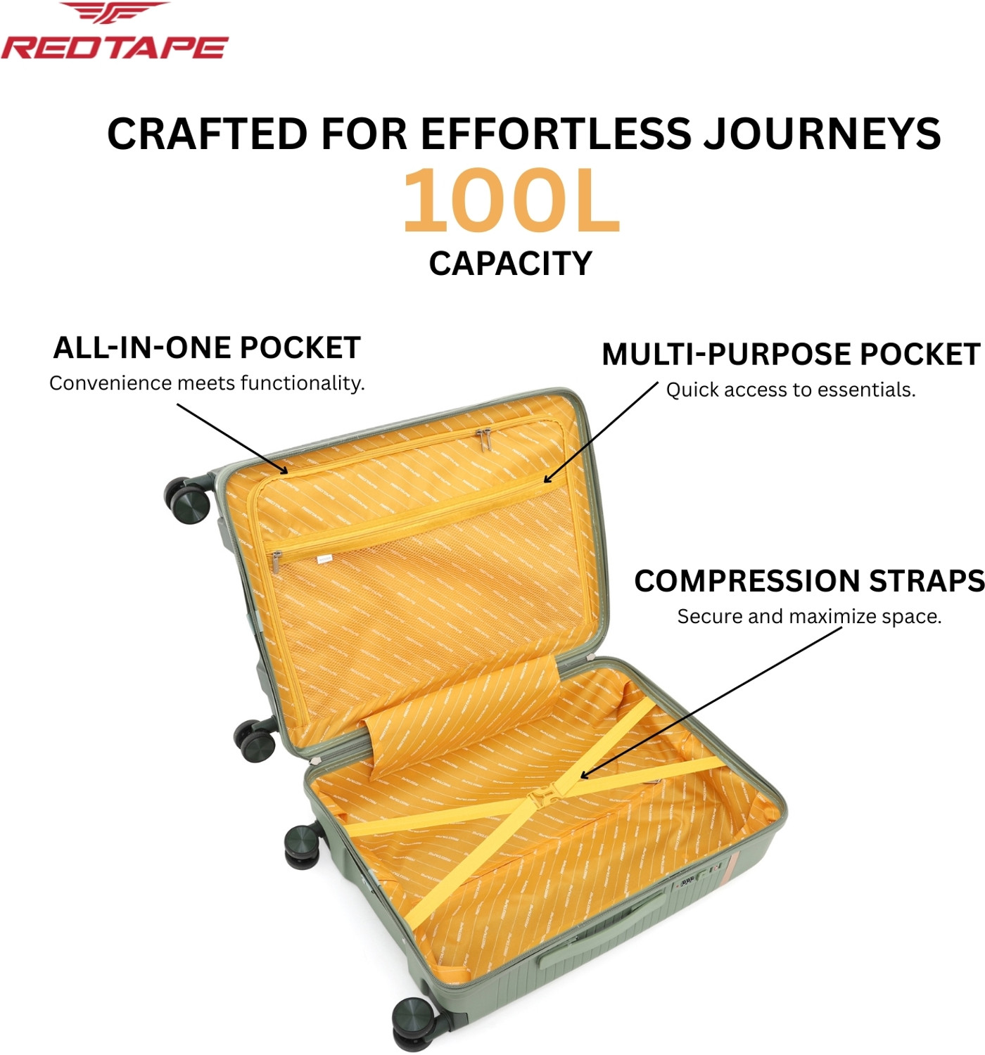 Image of Red Tape Unisex 100L Polypropylene Hard Trolley Bag With Mobile Holder Check-in Suitcase 8 Wheels - 28 inch