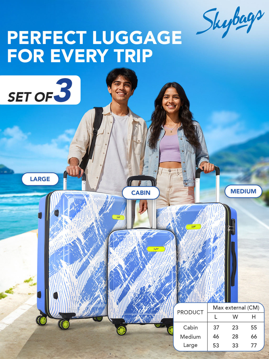 Image of SKYBAGS Stroke Neo Printed Hard Side Trolley Bag Lightweight, Stylish Travel Luggage Cabin & Check-in Set 8 Wheels - 30 Inch