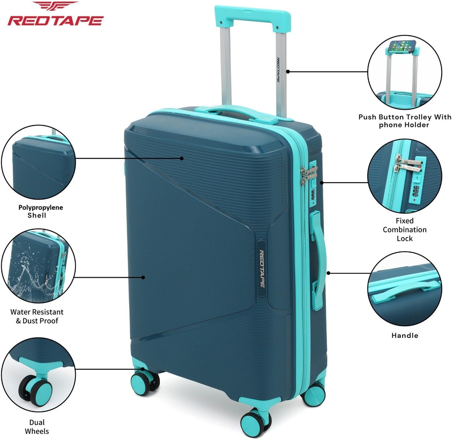 Image of Red Tape Unisex 100 % PP Hard Trolley Bag With Mobile Holder (Medium 64 cm + Small 54 cm) Cabin & Check-in Set 8 Wheels - 24 inch