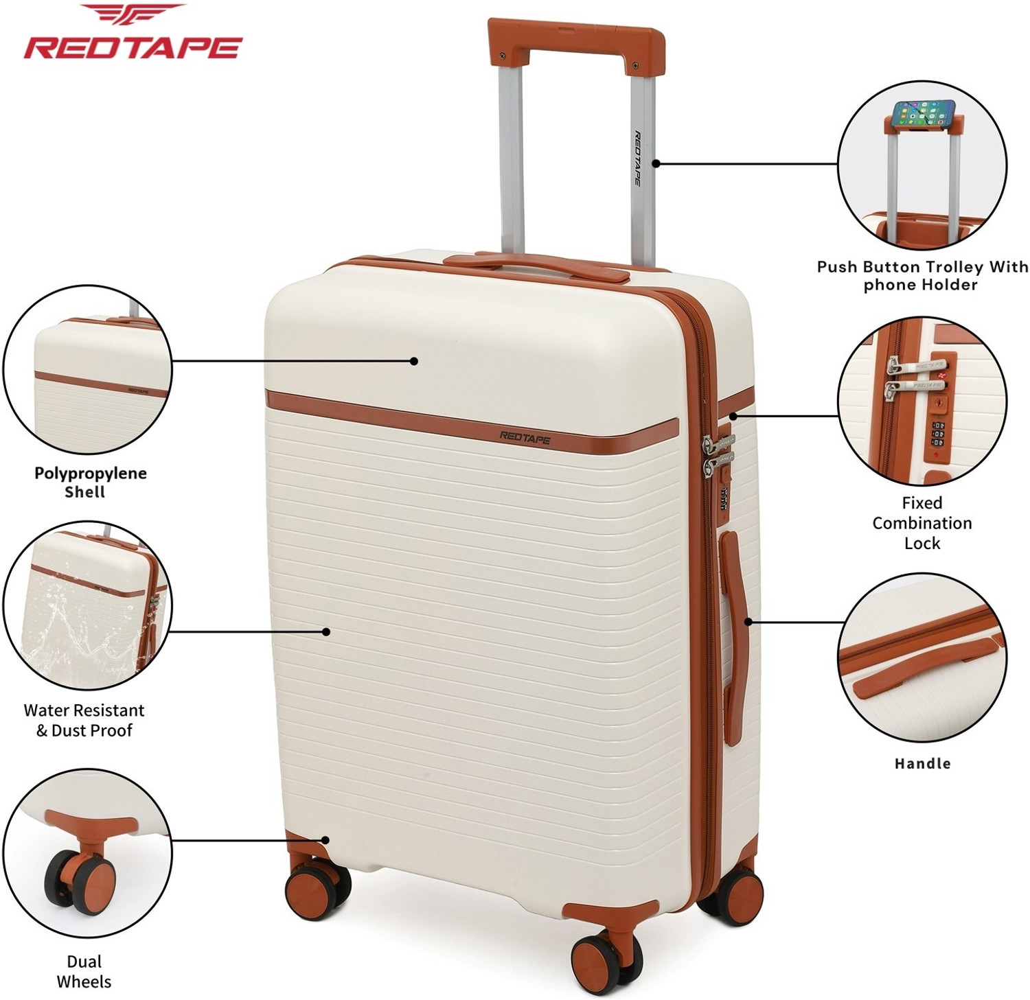 Image of Red Tape Unisex 40L Polypropylene Hard Trolley Bag With Mobile Holder Cabin Suitcase 8 Wheels - 20 inch
