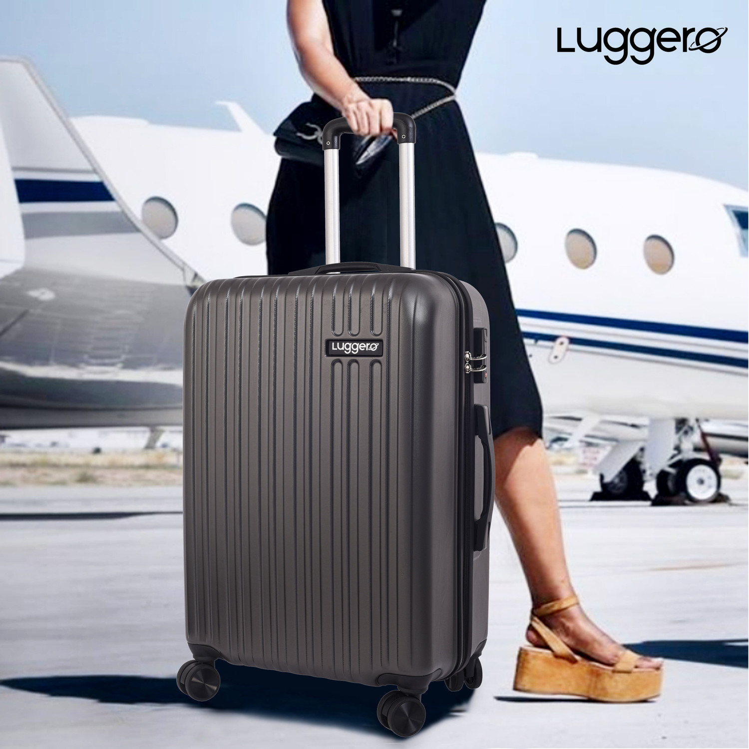 Image of Luggero CLASSIC Light-Weight & Durable Polycarbonate DARK GREY Hard Luggage Cabin & Check-in Set 8 Wheels - 28 inch