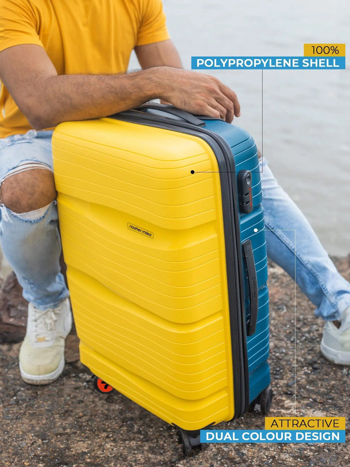 Image of NASHER MILES Nicobar Hard-Sided Dual Tone Luggage Set of 3 YellowandNavyBlue(55, 65 & 75 cm) Check-in Suitcase 8 Wheels - 28 inch