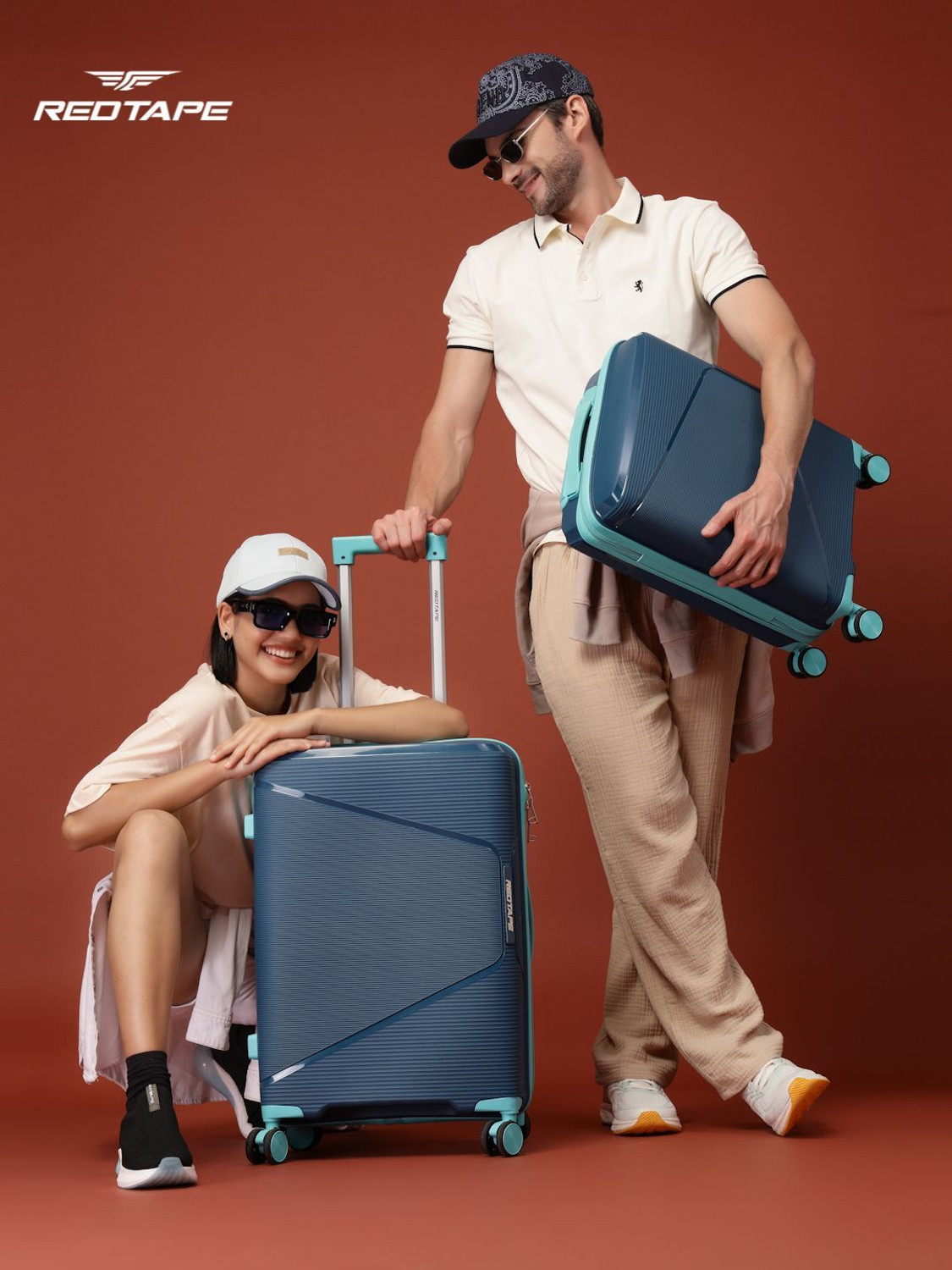 Image of Red Tape Unisex 100 % PP Hard Trolley Bag With Mobile Holder (Medium 64 cm + Small 54 cm) Cabin & Check-in Set 8 Wheels - 24 inch