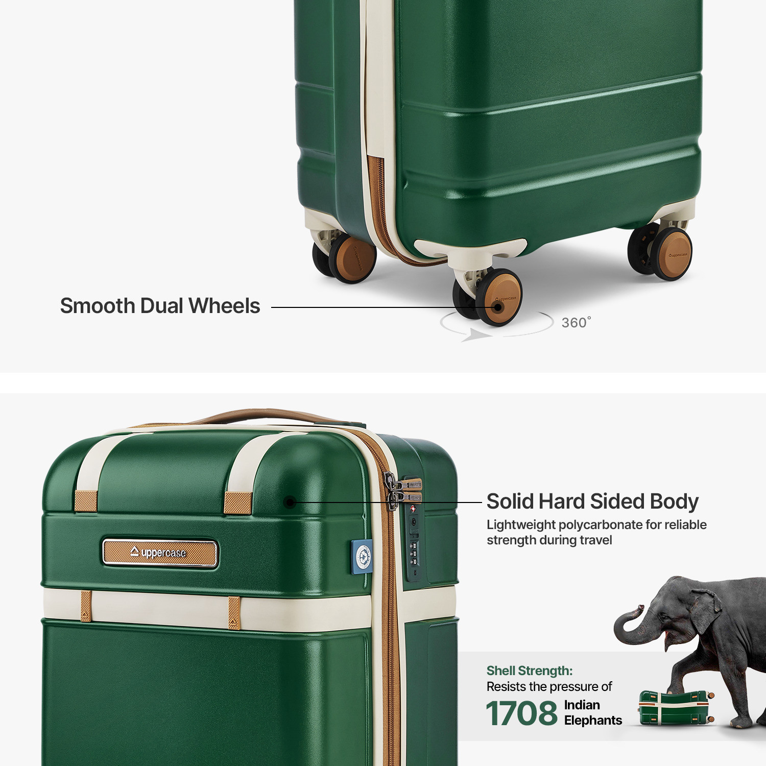 Image of Uppercase Chester Cabin Court Green Hard Luggage with Organized Interior & Dual Wheels Expandable Cabin Suitcase 8 Wheels - 23 inch