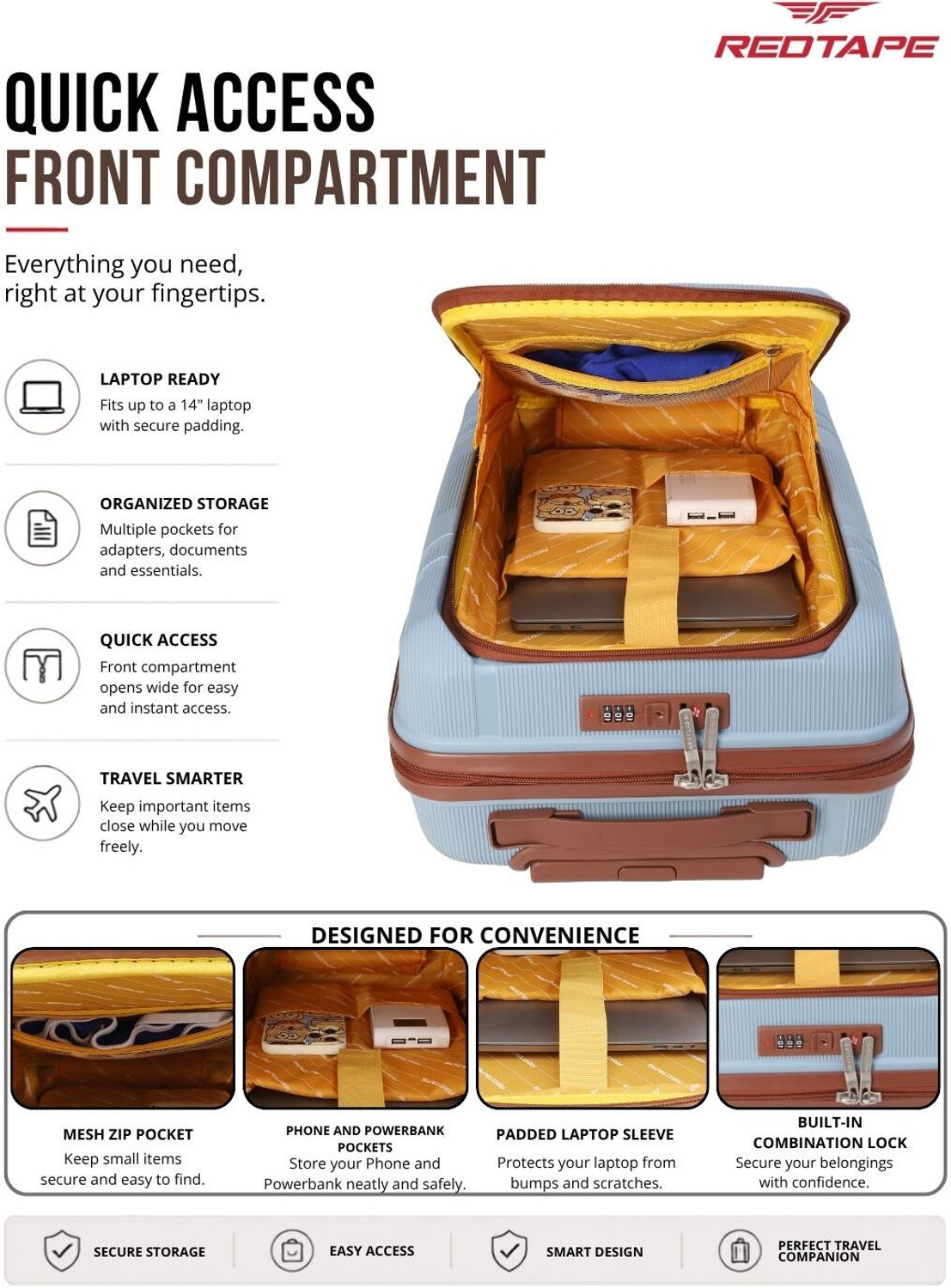 Image of Red Tape Hard Body Set of 2 Luggage 8 Wheels - Unisex 24 Inch & 20 Inch Combo 2 Set-Medium & Laptop Front-Open Cabin Suitcase - Blue, Khaki