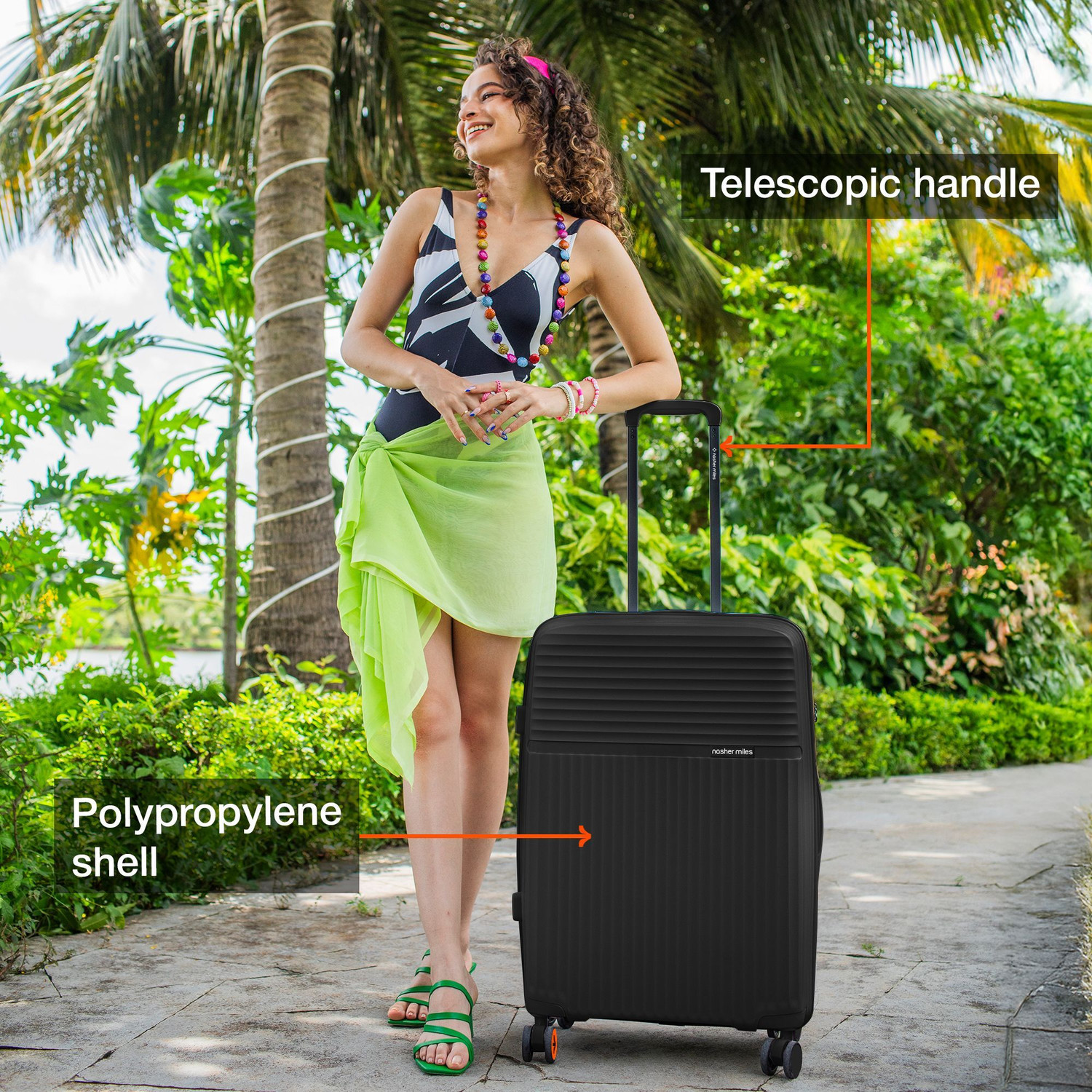 Image of NASHER MILES Krabi Expander Hardside Polypropylene Black Trolley Bags (55&65cm) Expandable Cabin & Check-in Set 8 Wheels - 24 inch