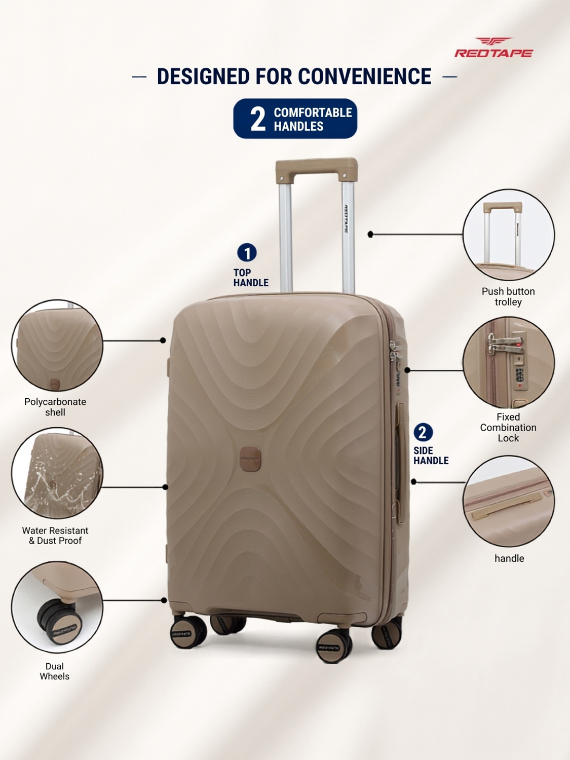 Image of Red Tape Small Cabin Suitcase (54 cm) 8 Wheels - Unisex 40L Khaki Polycarbonate Hard Small Cabin-in Trolley Bag (54 cm) - Khaki
