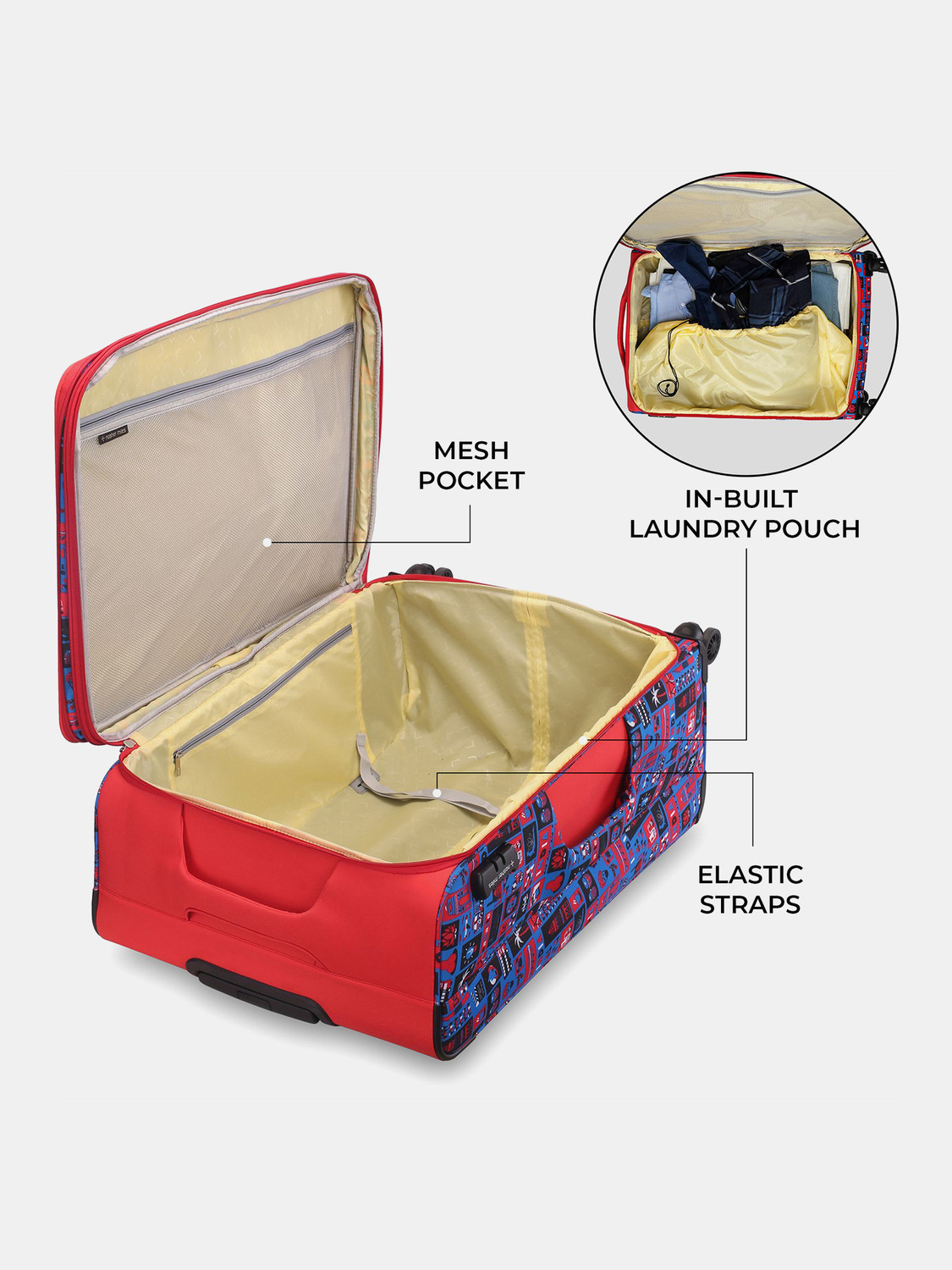 Image of NASHER MILES India Polyester Luggage Set of 3 Printed Trolley Bags (55, 65 & 75cm) Expandable Cabin & Check-in Set 8 Wheels - 28 Inch