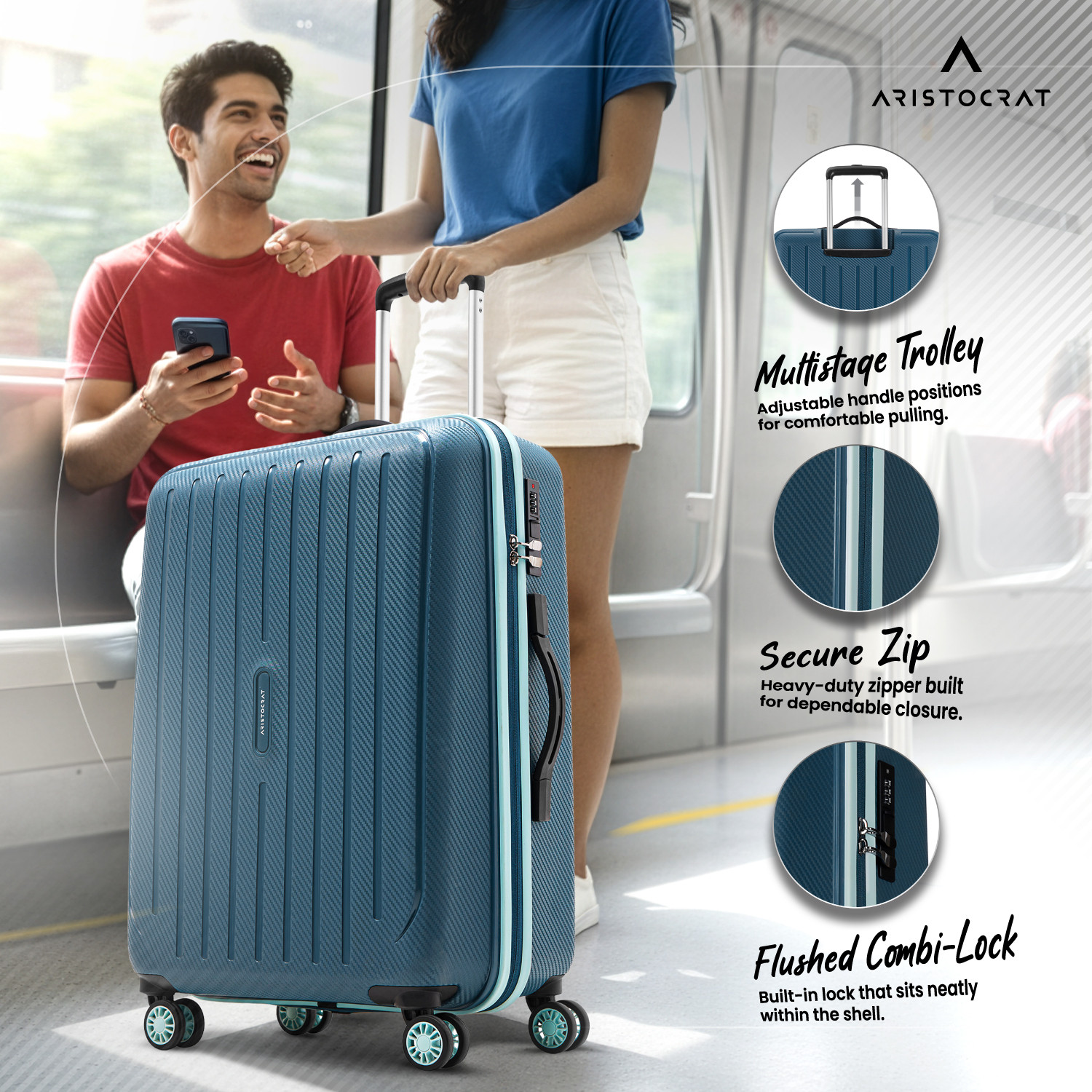 Image of ARISTOCRAT Photon Max Hard Side Luggage | Trolley Bag With Flushed Combination Lock Check-in Suitcase 4 Wheels - 26 Inch