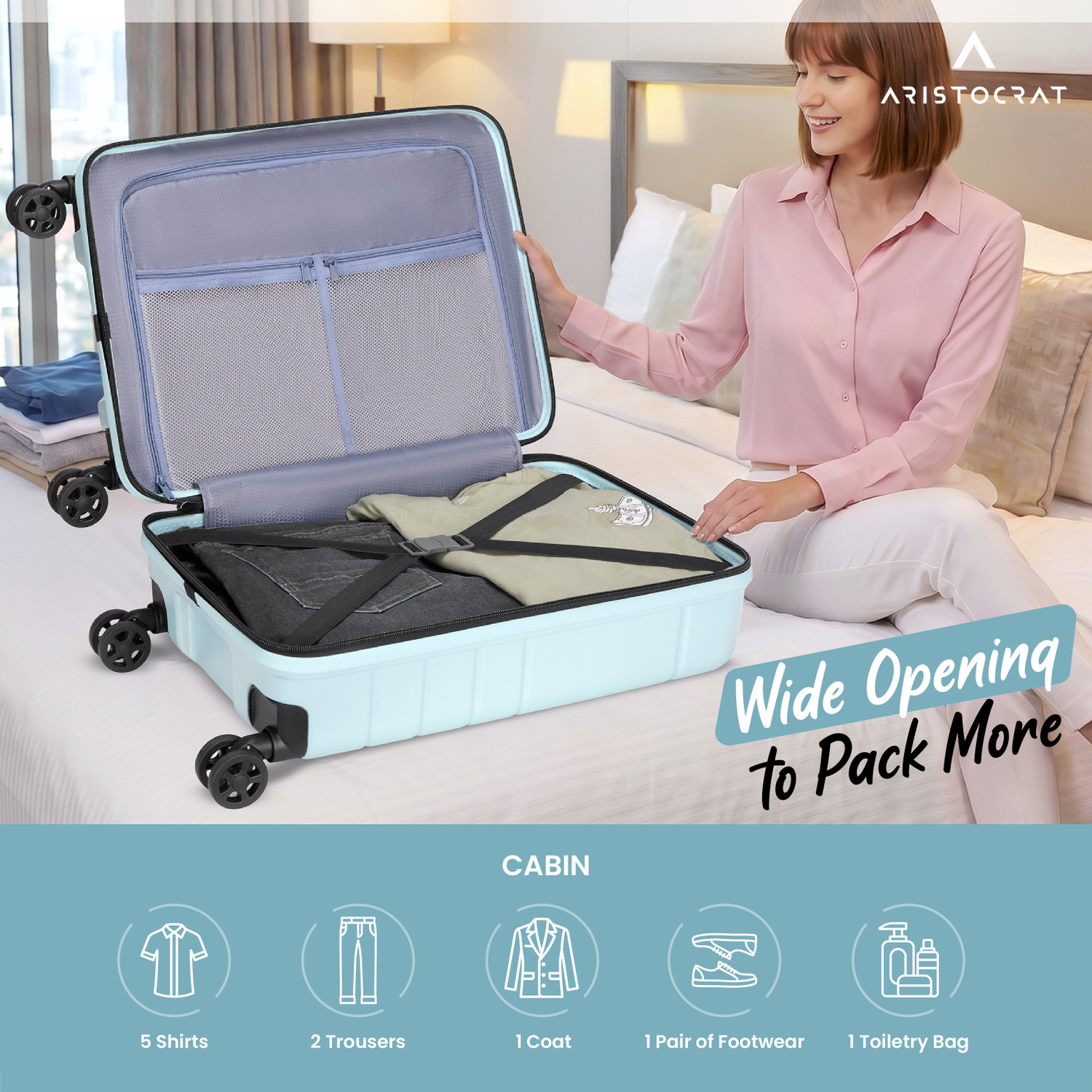 Image of ARISTOCRAT Orbit Plus Hard Side Laptop Compartment Trolley Bag With Combination Lock Cabin & Check-in Set 8 Wheels - 31 Inch