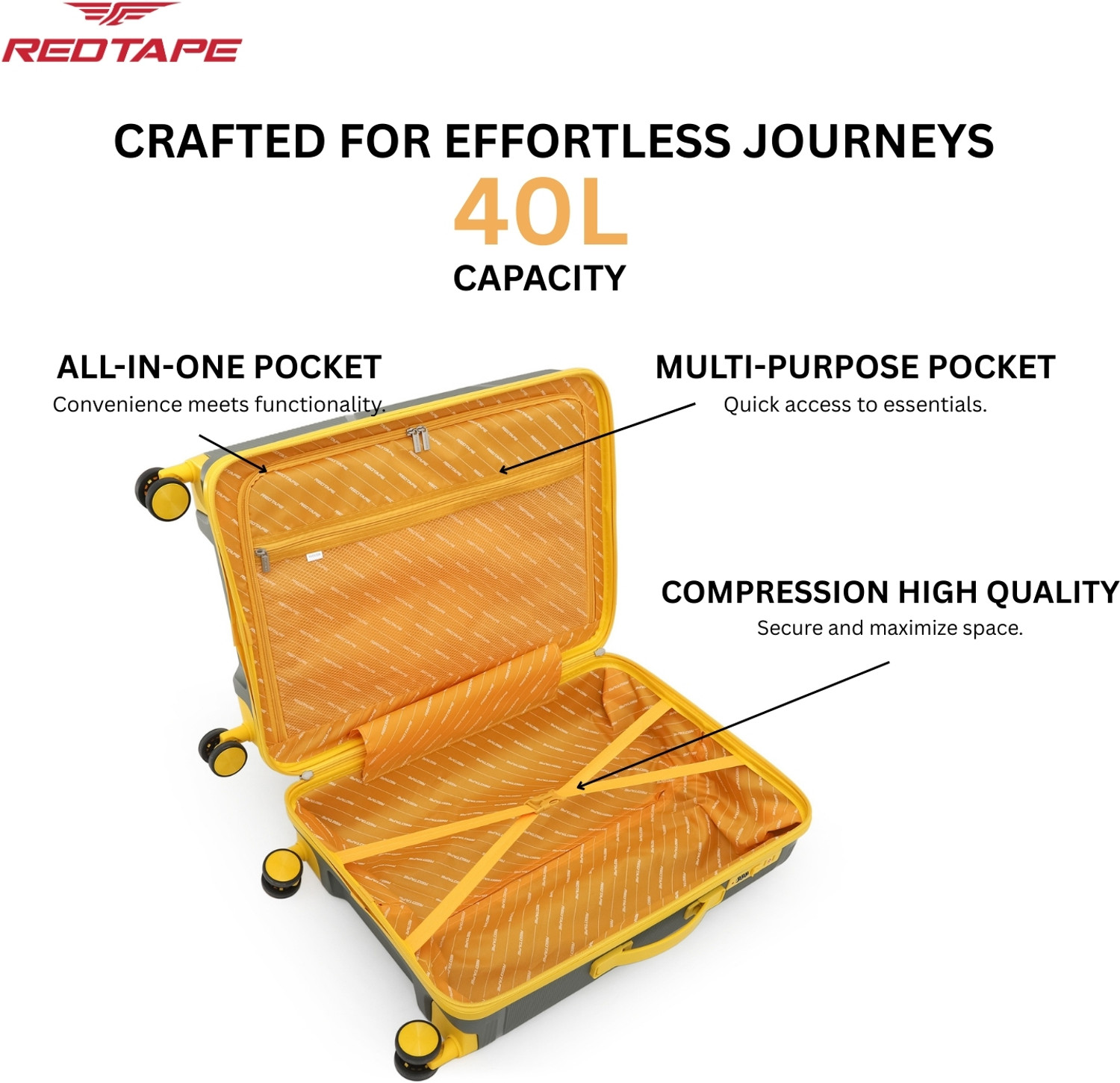 Image of Red Tape Unisex 40L Polypropylene Hard Trolley Bag With Mobile Holder Cabin Suitcase 8 Wheels - 20 inch