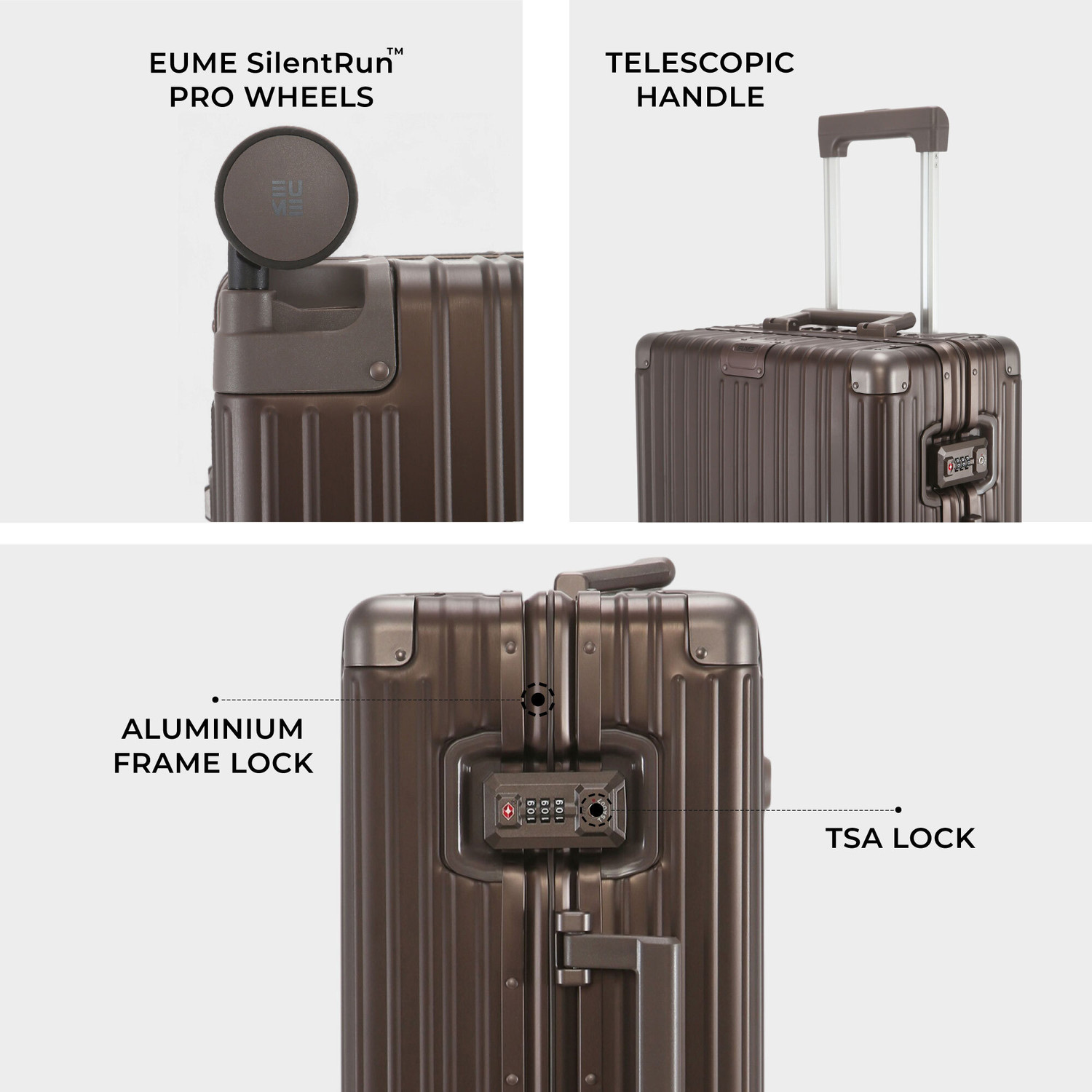 Image of EUME 100% Aluminium Cabin Luggage 50 Cm (Graphite Luxe) Cabin Suitcase 8 Wheels - 20 inch