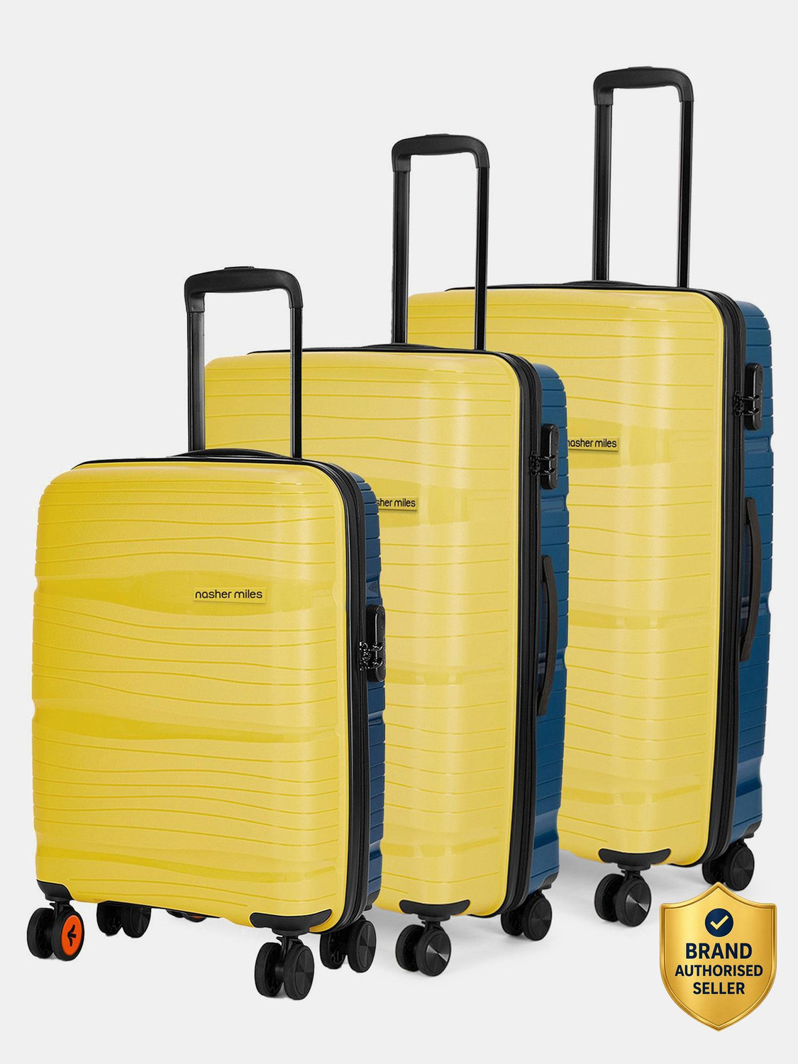 Image of NASHER MILES Nicobar Hard-Sided Dual Tone Luggage Set of 3 YellowandNavyBlue(55, 65 & 75 cm) Check-in Suitcase 8 Wheels - 28 inch