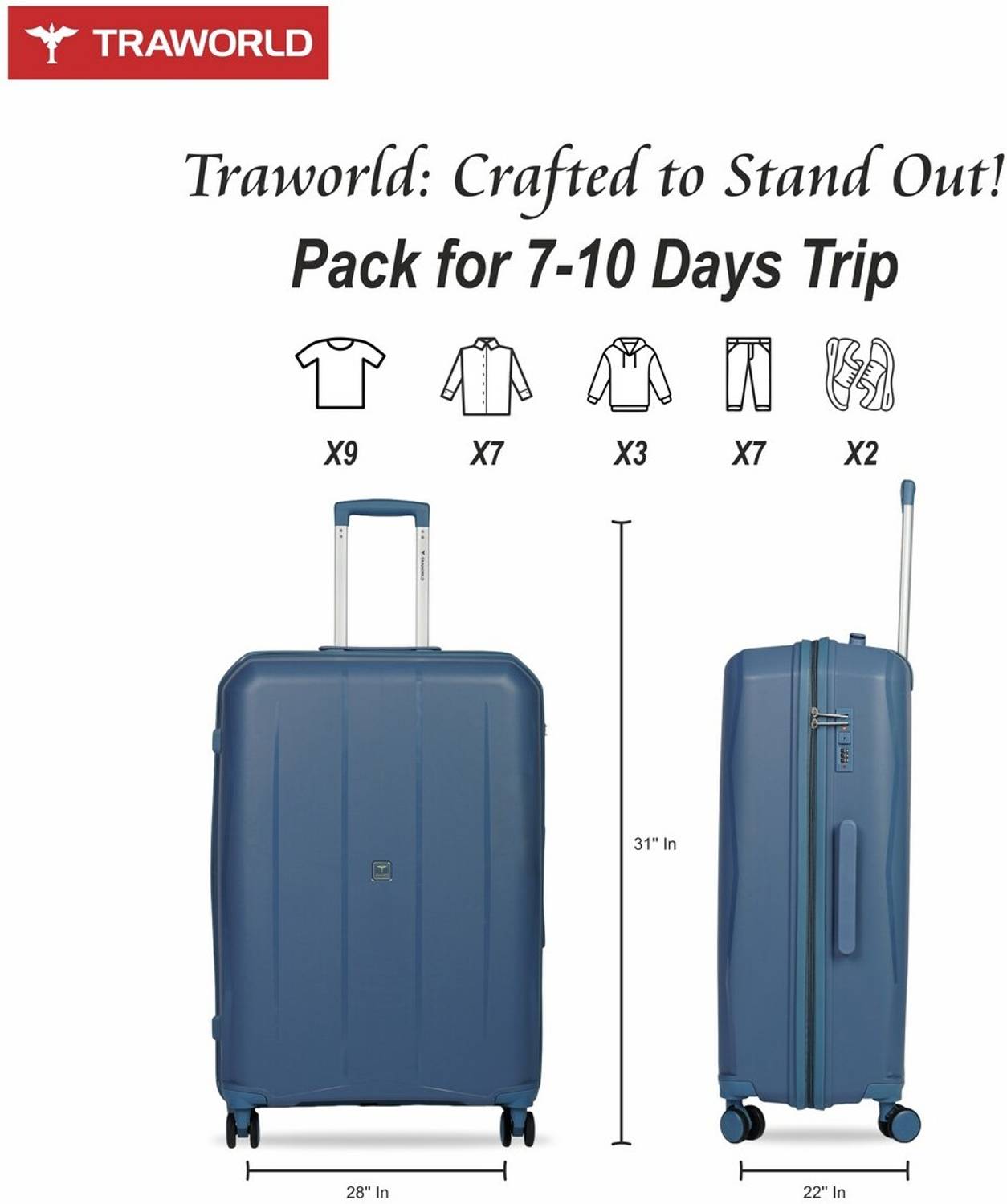 Traworld (Large 71 Cm) Check-in Suitcase 8 Wheels - 28 inch Blue