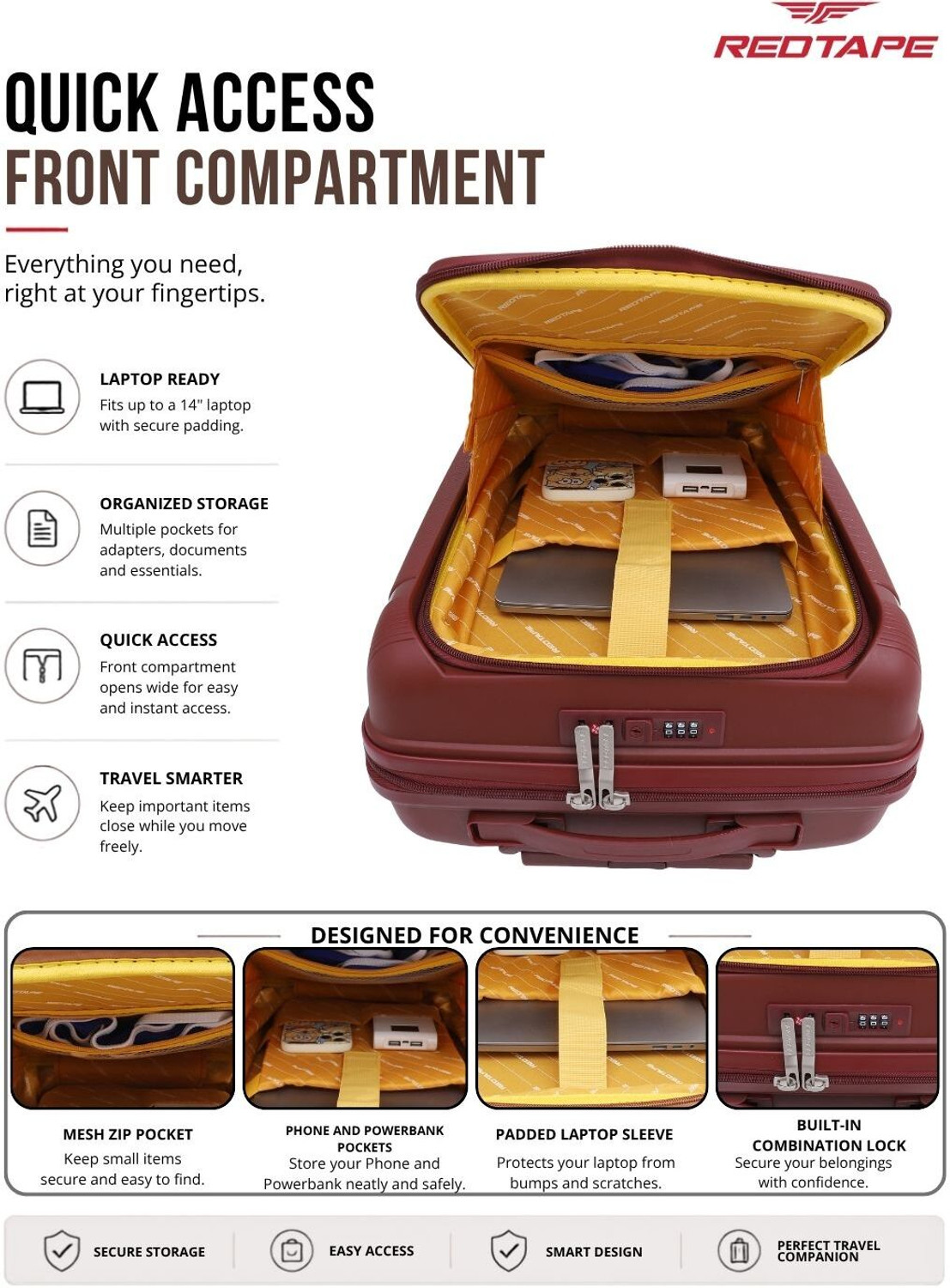 Image of Red Tape Small Cabin Suitcase (55.5 cm) 8 Wheels - Unisex 20 In Small Cabin Suitcase 13.5 In Laptop Front-Open Cabin Luggage- 35L - Red