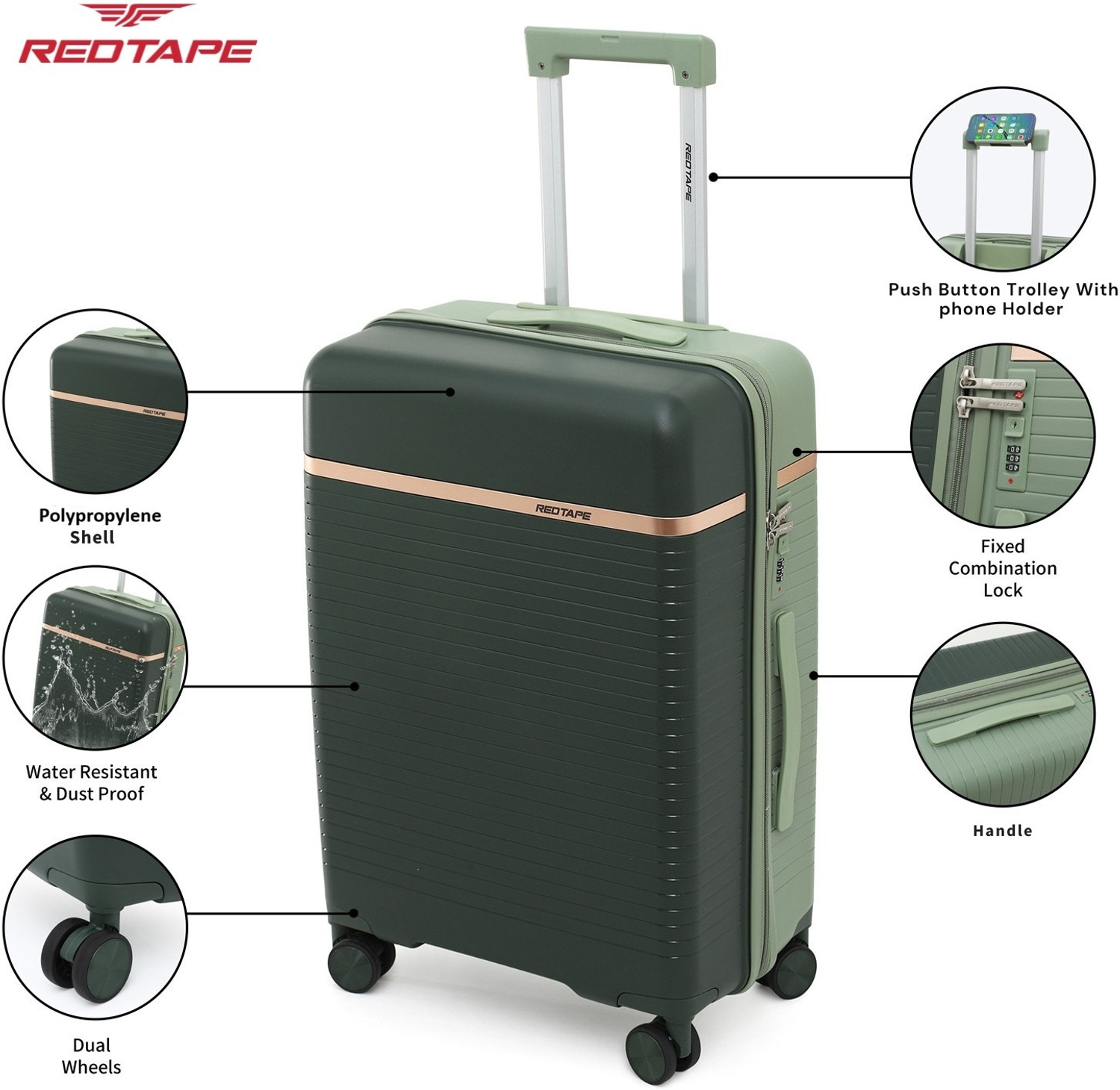 Image of Red Tape Unisex 40L Polypropylene Hard Trolley Bag With Mobile Holder Cabin Suitcase 8 Wheels - 20 inch