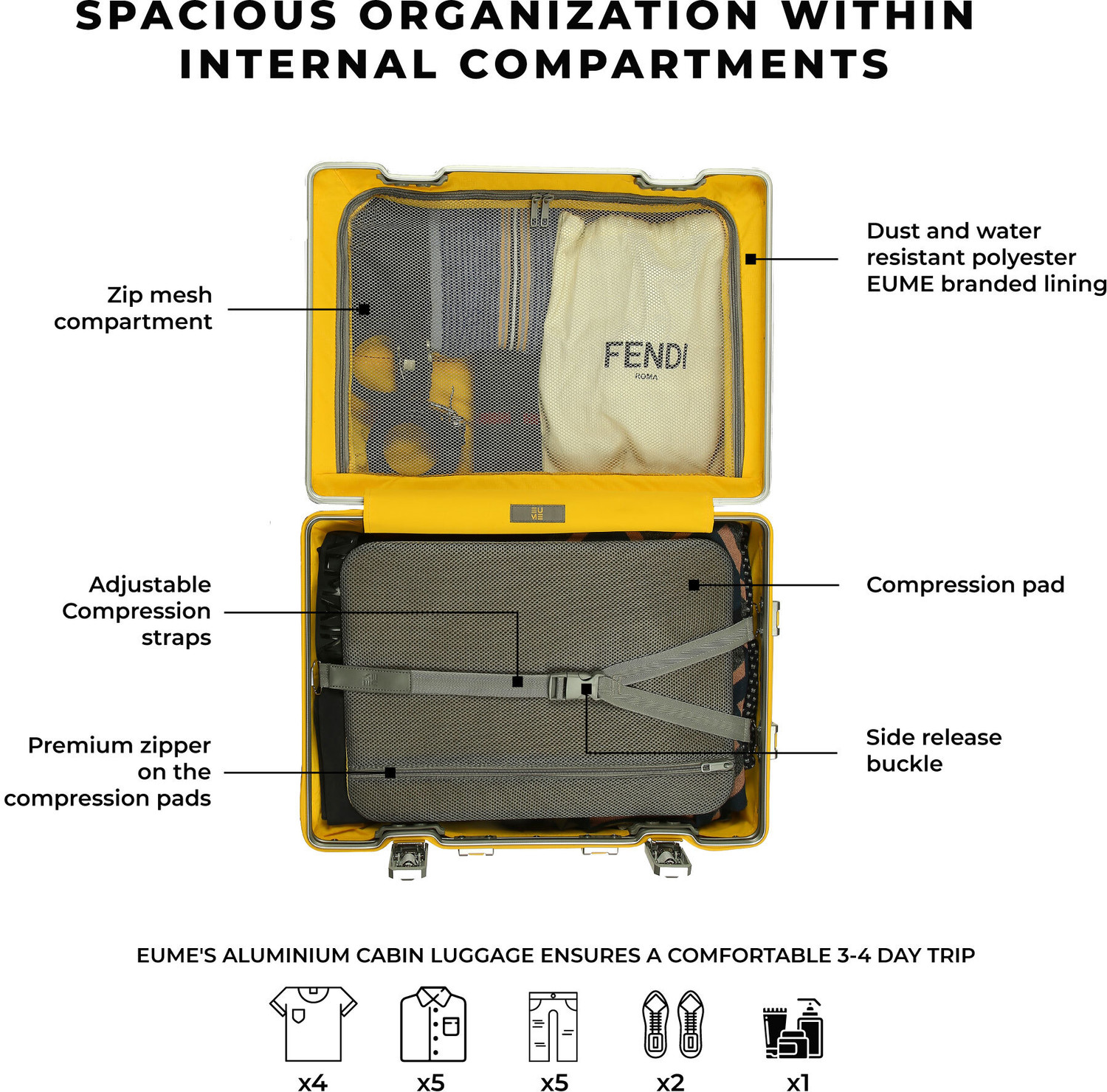 Image of EUME 100% Aluminium Cabin Luggage 50 Cm (Graphite Luxe) Cabin Suitcase 8 Wheels - 20 inch