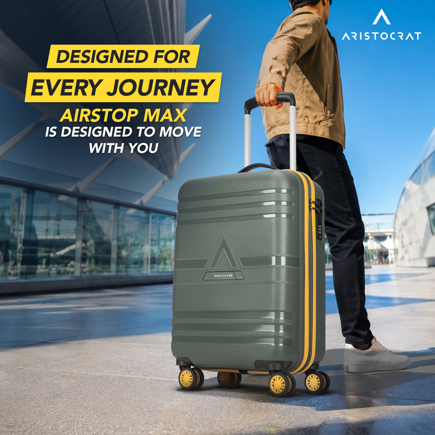 Image of ARISTOCRAT Airstop Max Hard Side Luggage | Trolley Bag With Flushed Combination Lock Cabin Suitcase 4 Wheels - 21 Inch