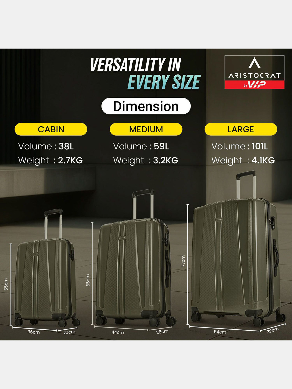 Image of ARISTOCRAT by VIP Invictus 2 (Small 55cm | Medium 65cm) - Trolley Bag Ivy Green Cabin & Check-in Set 8 Wheels - 26 Inch