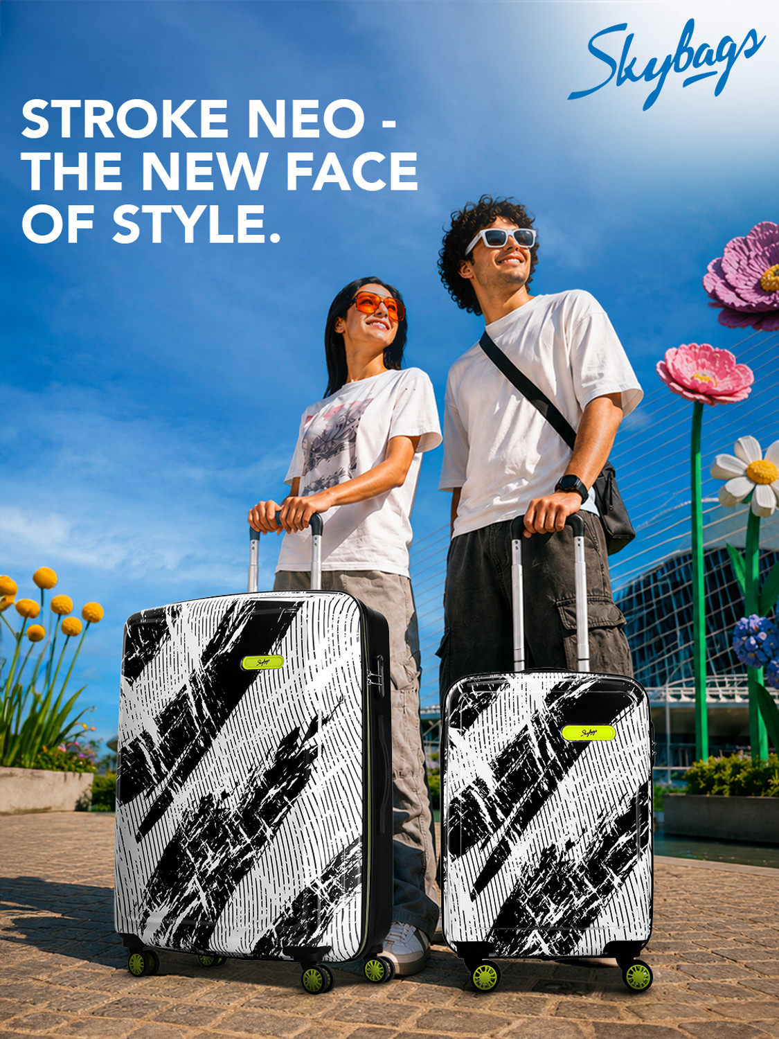 Image of SKYBAGS Stroke Neo Printed Hard Side Trolley Bag Lightweight, Stylish Travel Luggage Cabin Suitcase 8 Wheels - 22 Inch