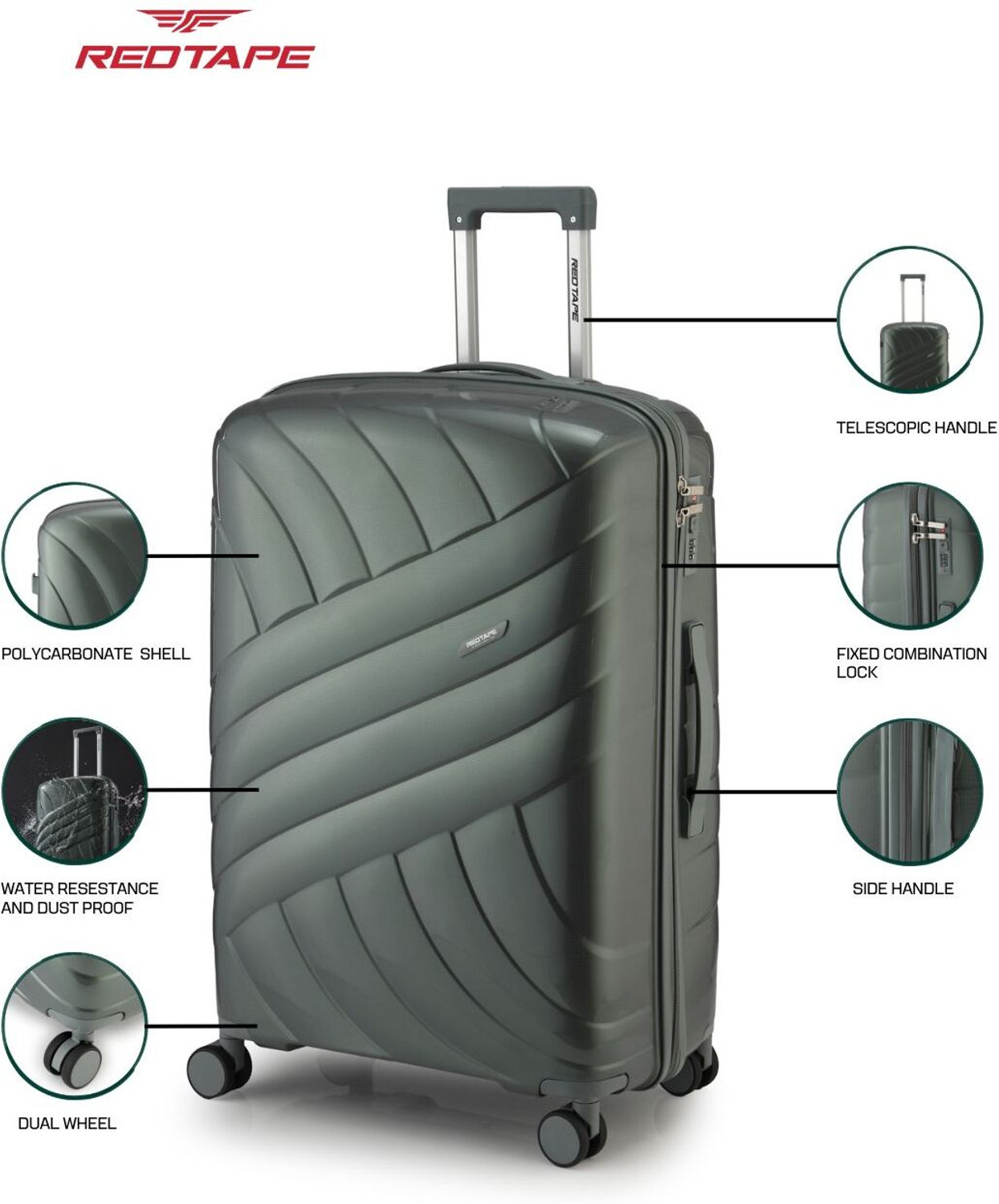 Image of Red Tape Unisex Polycarbonate Hard Trolley Bag (Large 74 cm + Medium 66 cm + Small 56 cm) Cabin & Check-in Set 8 Wheels - 28 inch