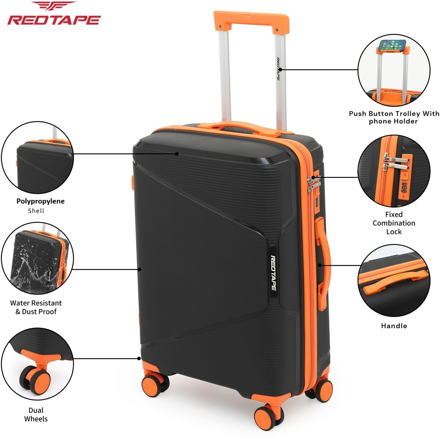 Image of Red Tape Unisex 100L Polypropylene Hard Trolley Bag With Mobile Holder Check-in Suitcase 8 Wheels - 28 inch