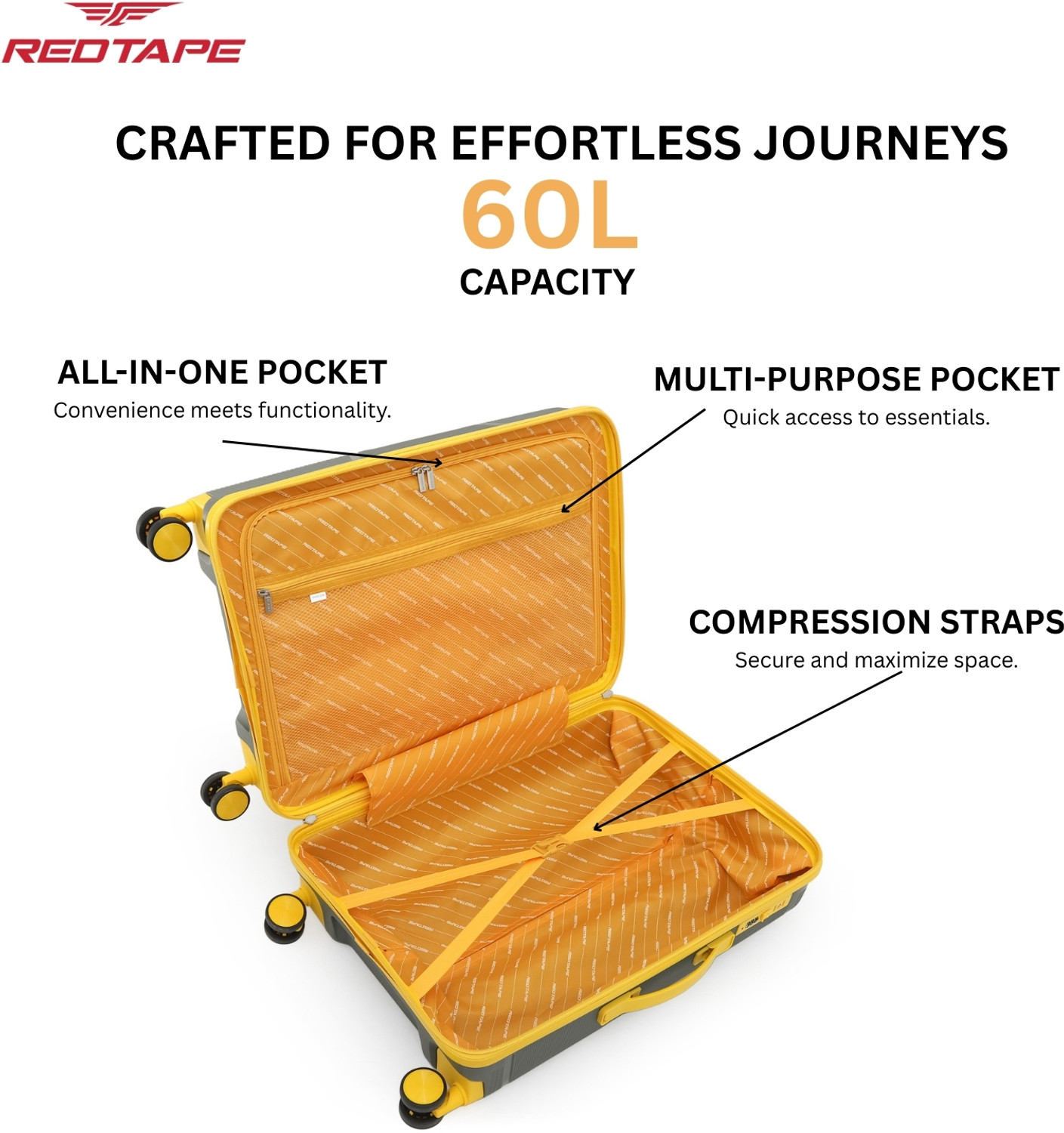 Image of Red Tape Unisex 60L Polypropylene Hard Trolley Bag With Mobile Holder Check-in Suitcase 8 Wheels - 24 inch