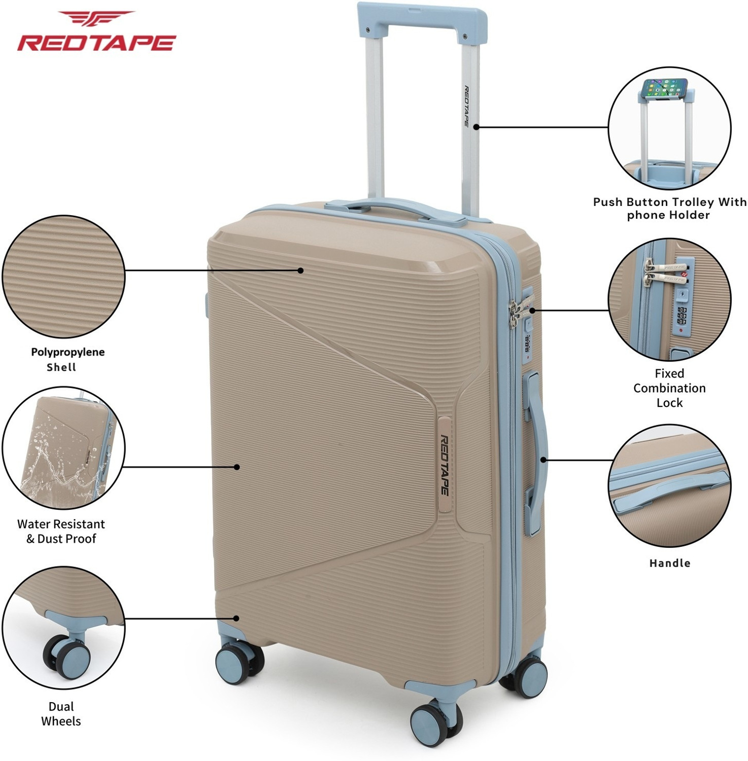 Image of Red Tape Unisex 100L Polypropylene Hard Trolley Bag With Mobile Holder Check-in Suitcase 8 Wheels - 28 inch