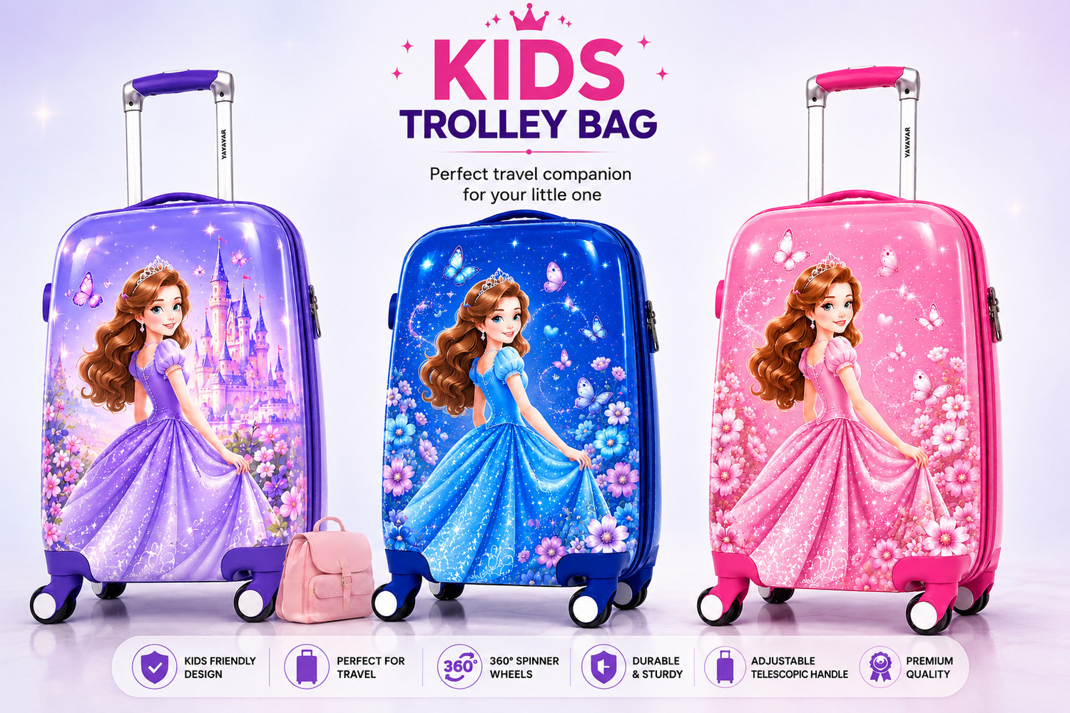 Image of YAYAVAR KIDZ GIRLS PRINCESS TROLLEYBAGS SMALL SIZE PREMIUM QUALITY LUGGAGE Cabin Suitcase 8 Wheels - 20 inch