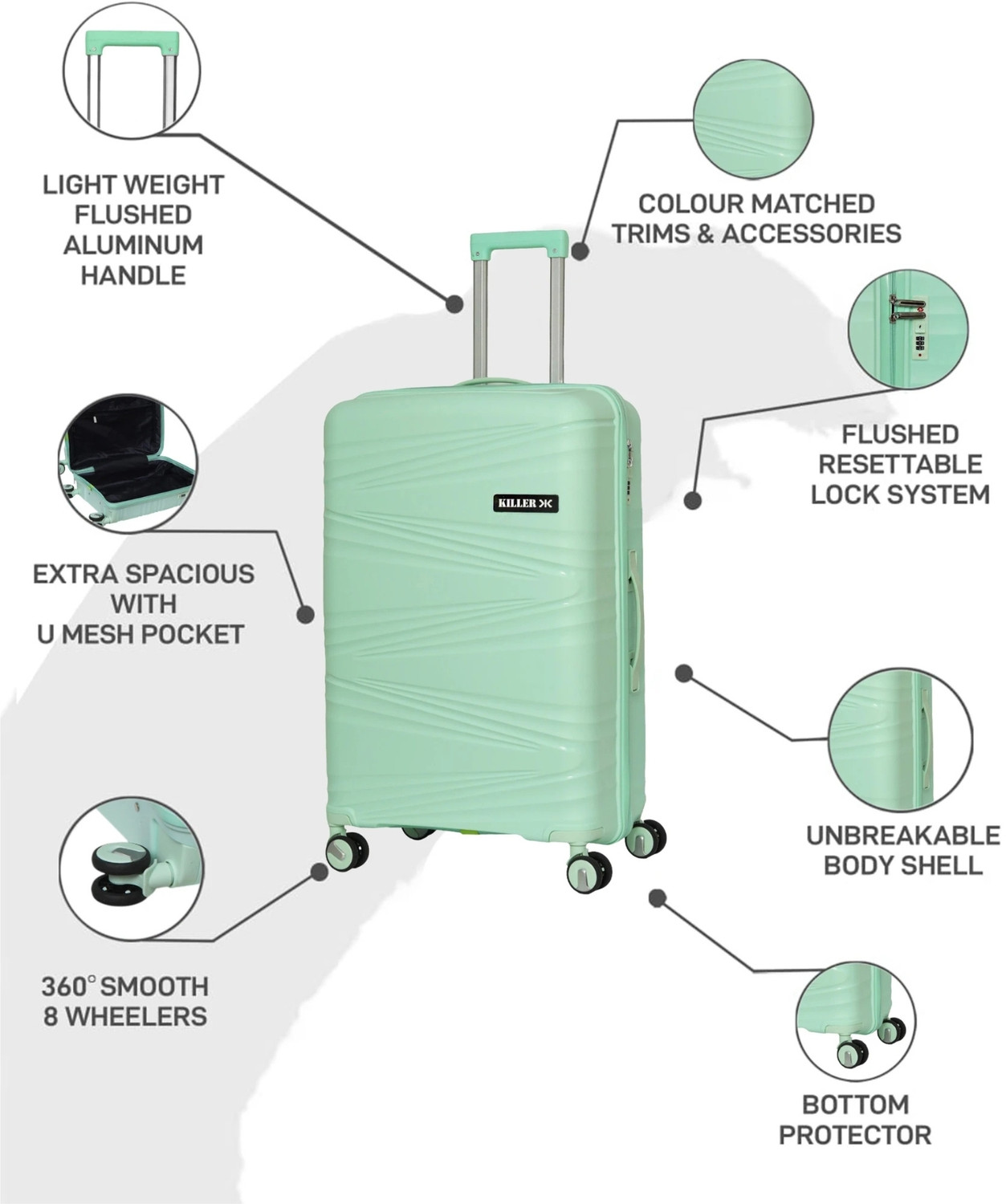 Image of KILLER Hard Sided Spinners, Expandable Travel & Luggage Bags Trolley Bag Expandable Cabin & Check-in Set 4 Wheels - 24 inch
