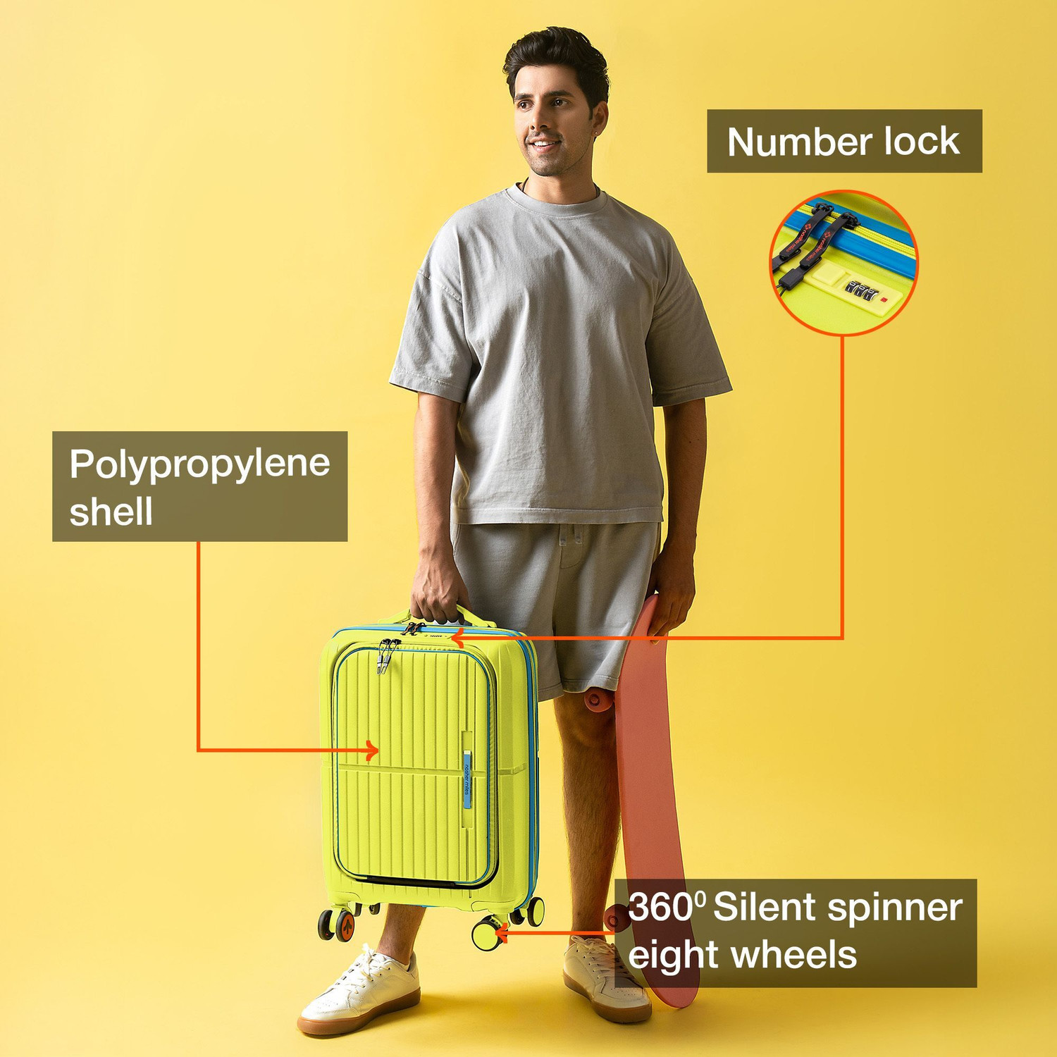 Image of NASHER MILES Springfield HardSide Polypropylene Cabin Laptop Compartment Trolley Bag Cabin Suitcase 8 Wheels - 20 inch