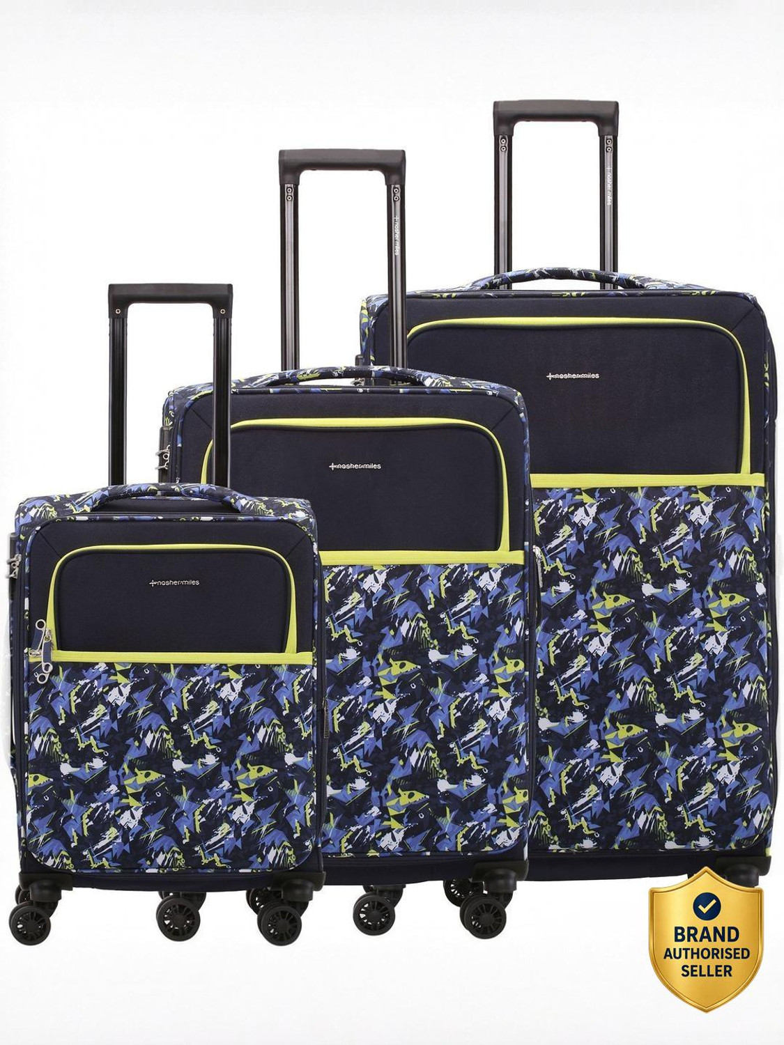 Image of NASHER MILES Bristol Polyester Luggage Set of 3 Printed Trolley Bags (55, 65 & 75cm) Expandable Cabin & Check-in Set 8 Wheels - 28 inch