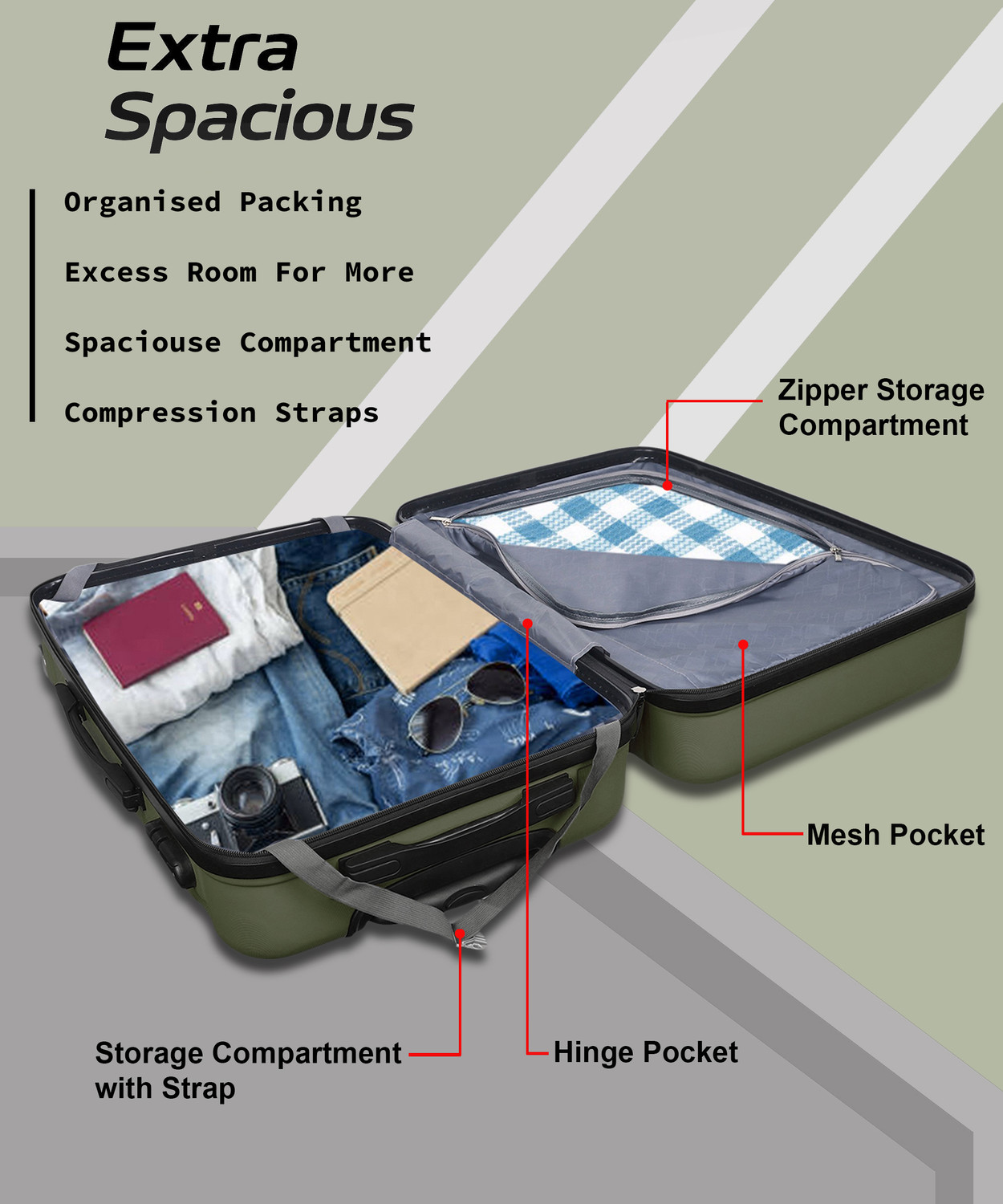 Image of Ascension Small Cabin Suitcase (57 cm) 8 Wheels - Minimalist Hardside Luggage Check-In Trolley Bag in Olive Green - Dark Green