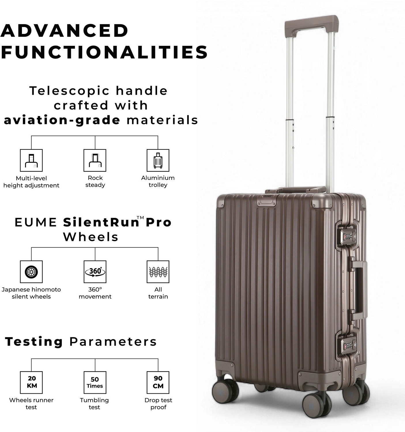 Image of EUME 100% Aluminium Cabin Luggage 50 Cm (Graphite Luxe) Cabin Suitcase 8 Wheels - 20 inch