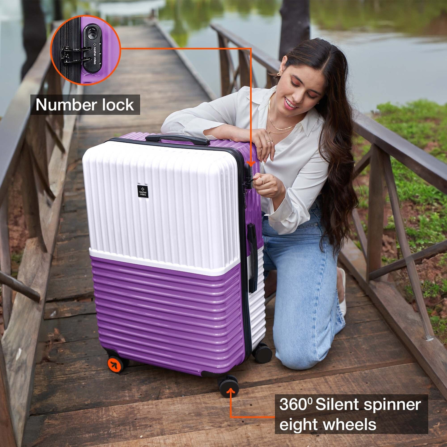 Image of NASHER MILES Istanbul Hard-Sided ABS and PC Check-in Luggage White & Purple |75cm Trolley Bag Check-in Suitcase 8 Wheels - 28 inch