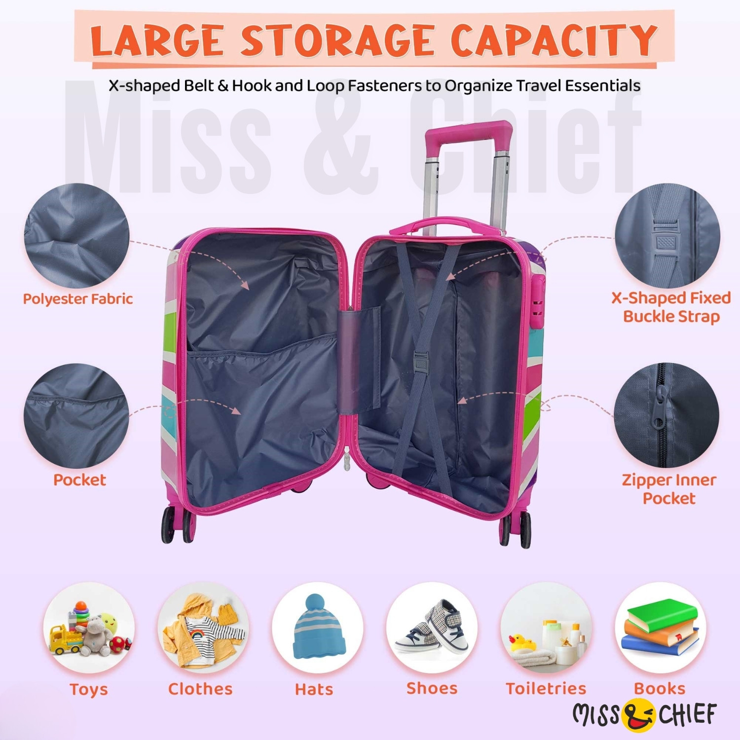 Image of Miss & Chief ABS Hard Shell Cartoon Print Kids Travel Trolley Bag With 360 spinner wheels Cabin Suitcase 8 Wheels - 20 inch