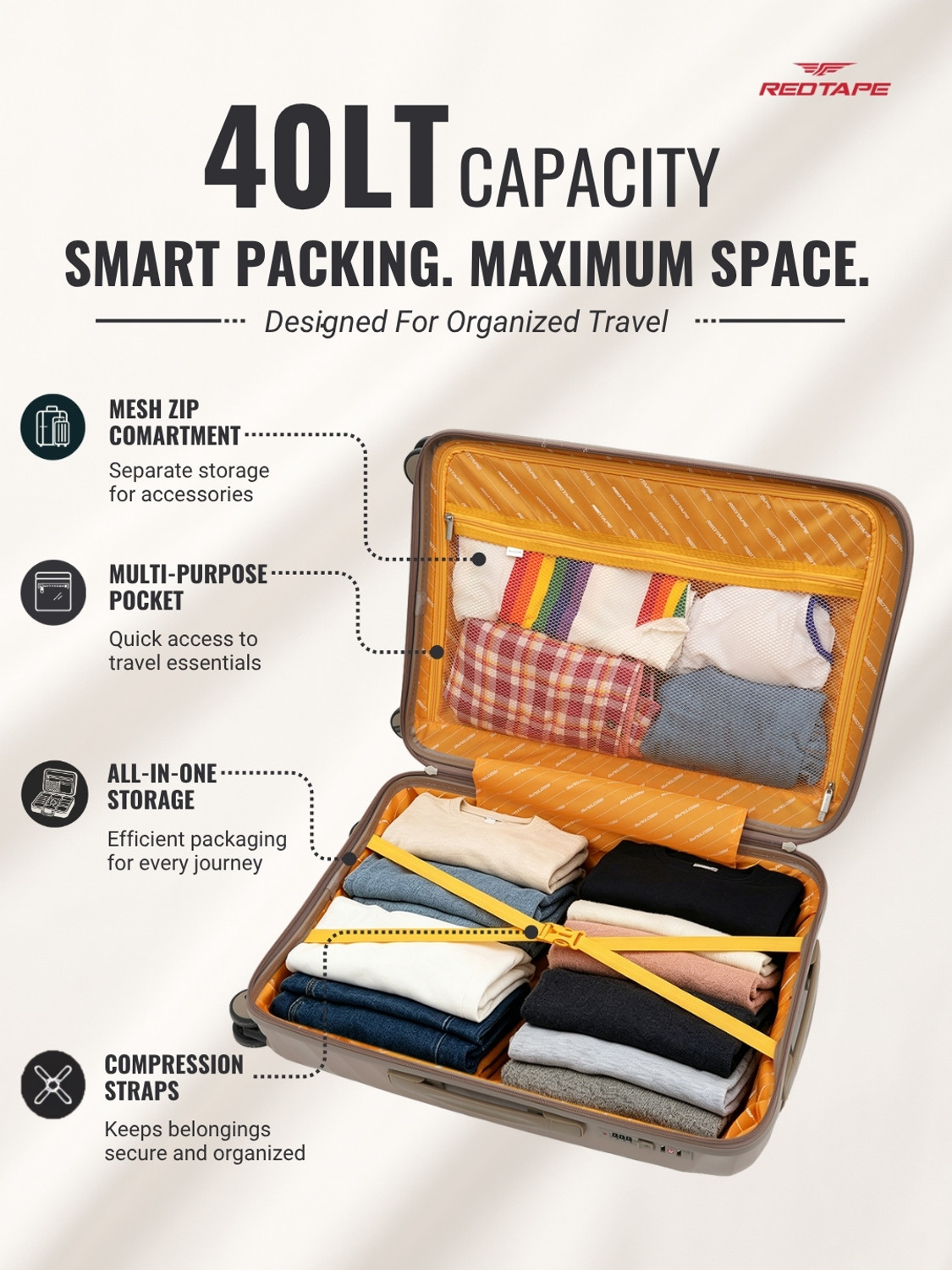 Image of Red Tape Small Cabin Suitcase (54 cm) 8 Wheels - Unisex 40L Khaki Polycarbonate Hard Small Cabin-in Trolley Bag (54 cm) - Khaki