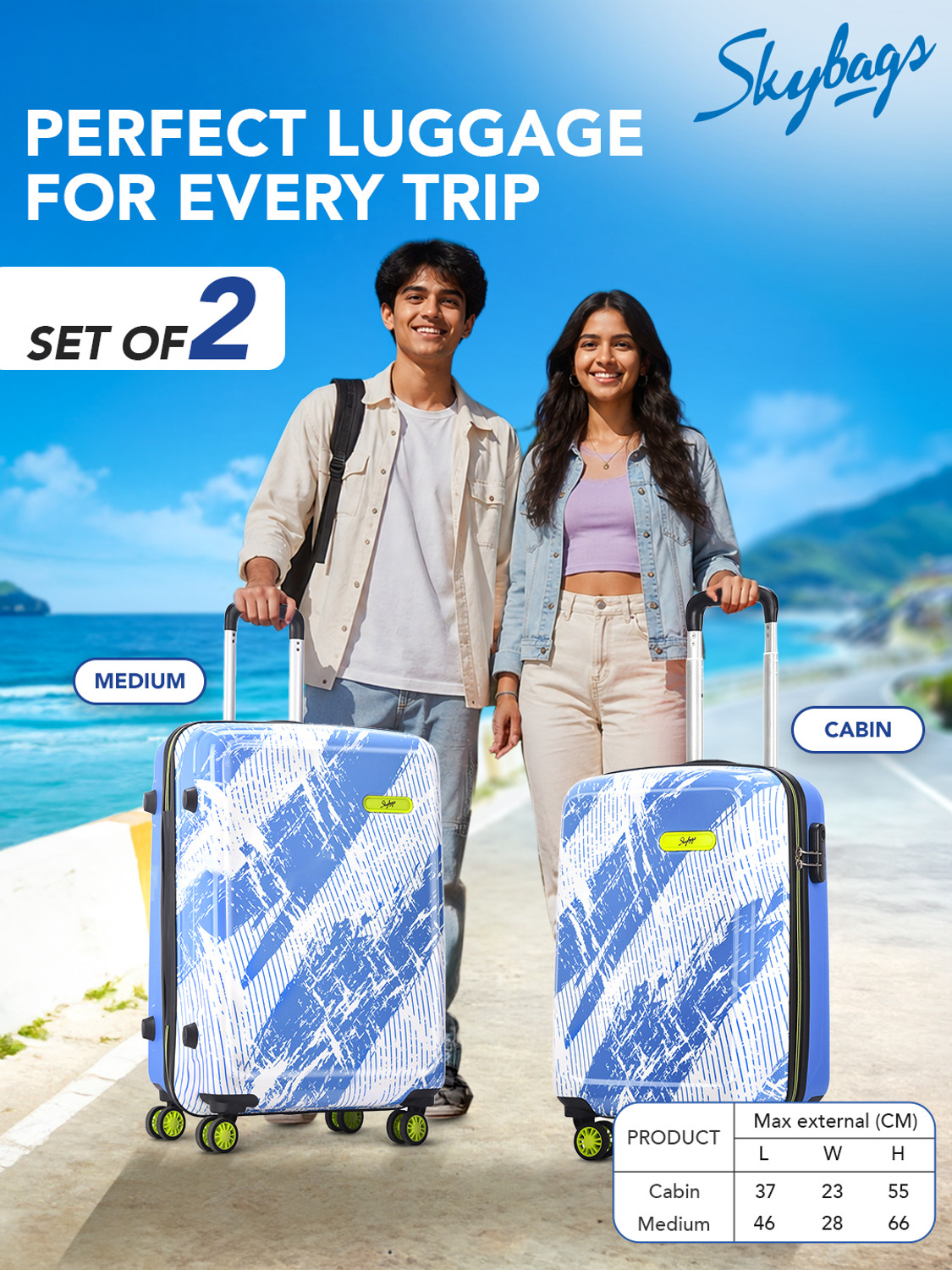 Image of SKYBAGS Stroke Neo Printed Hard Side Trolley Bag Lightweight, Stylish Travel Luggage Cabin & Check-in Set 8 Wheels - 26 Inch