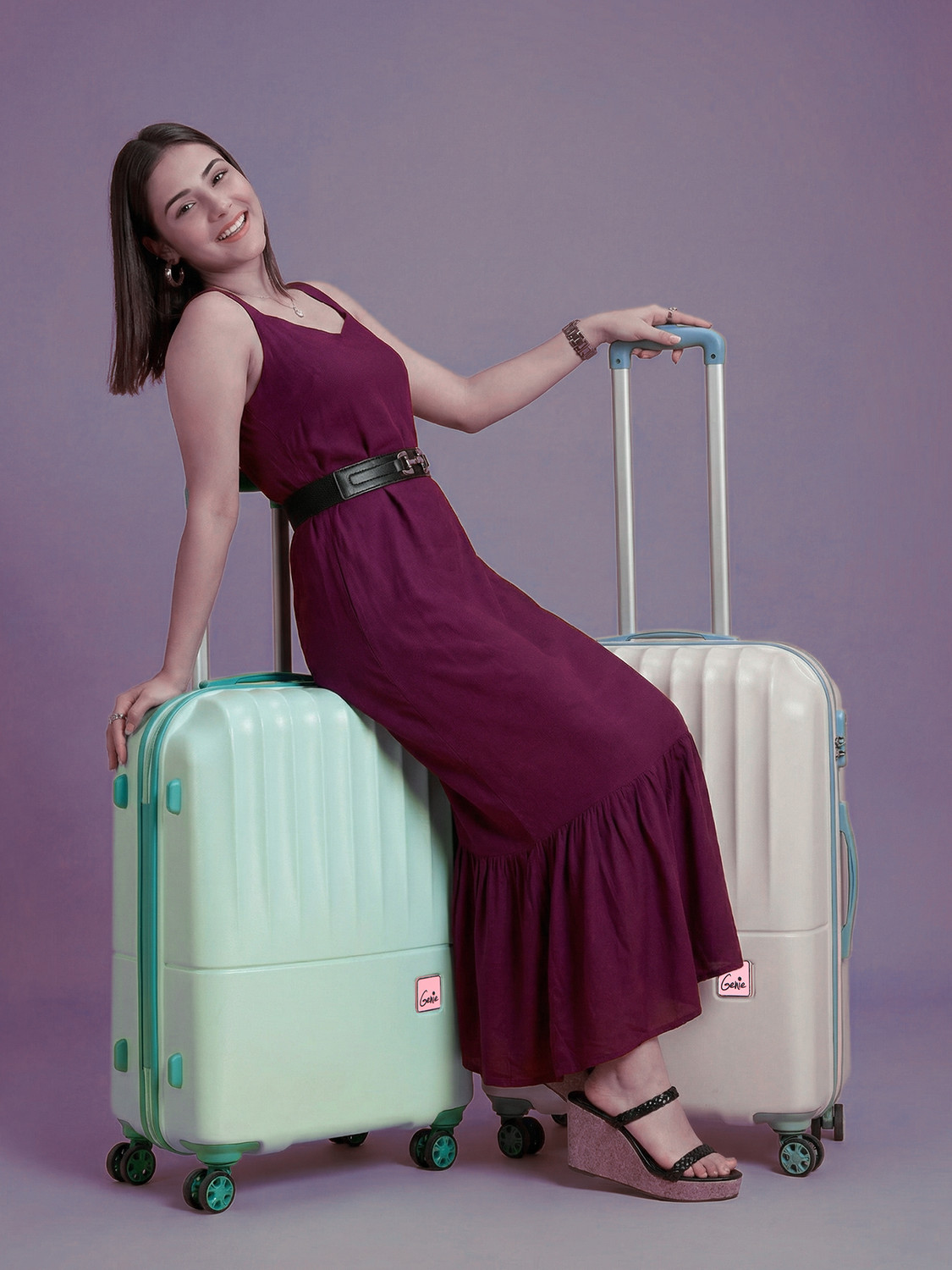 Image of Genie by Safari Nola Hard Luggage with Organized Interiors - Set of 3 - Cabin, M&L - Vanilla Cabin & Check-in Set 8 Wheels - 31 inch