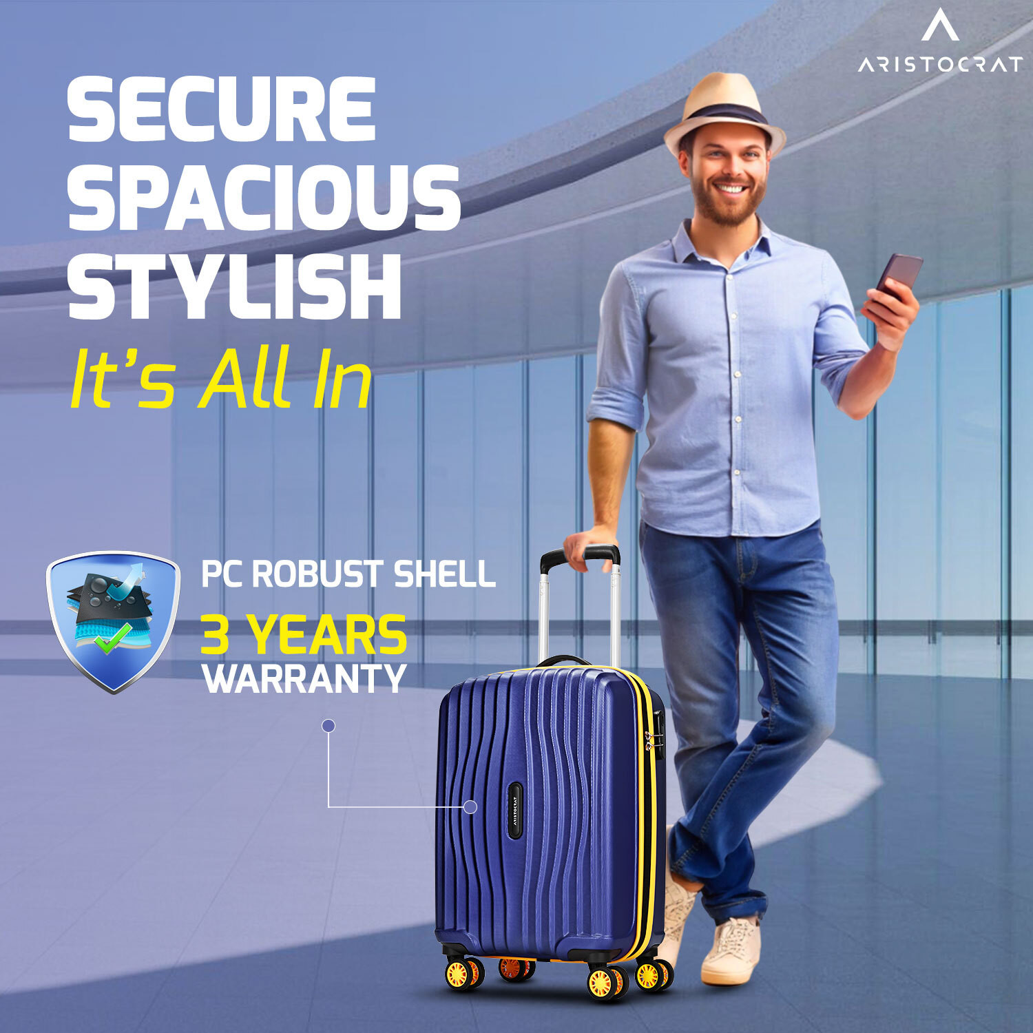Image of ARISTOCRAT Vortex Plus Cabin Trolley Bag | Small Hard Luggage with Combination Lock Cabin Suitcase 8 Wheels - 22 Inch