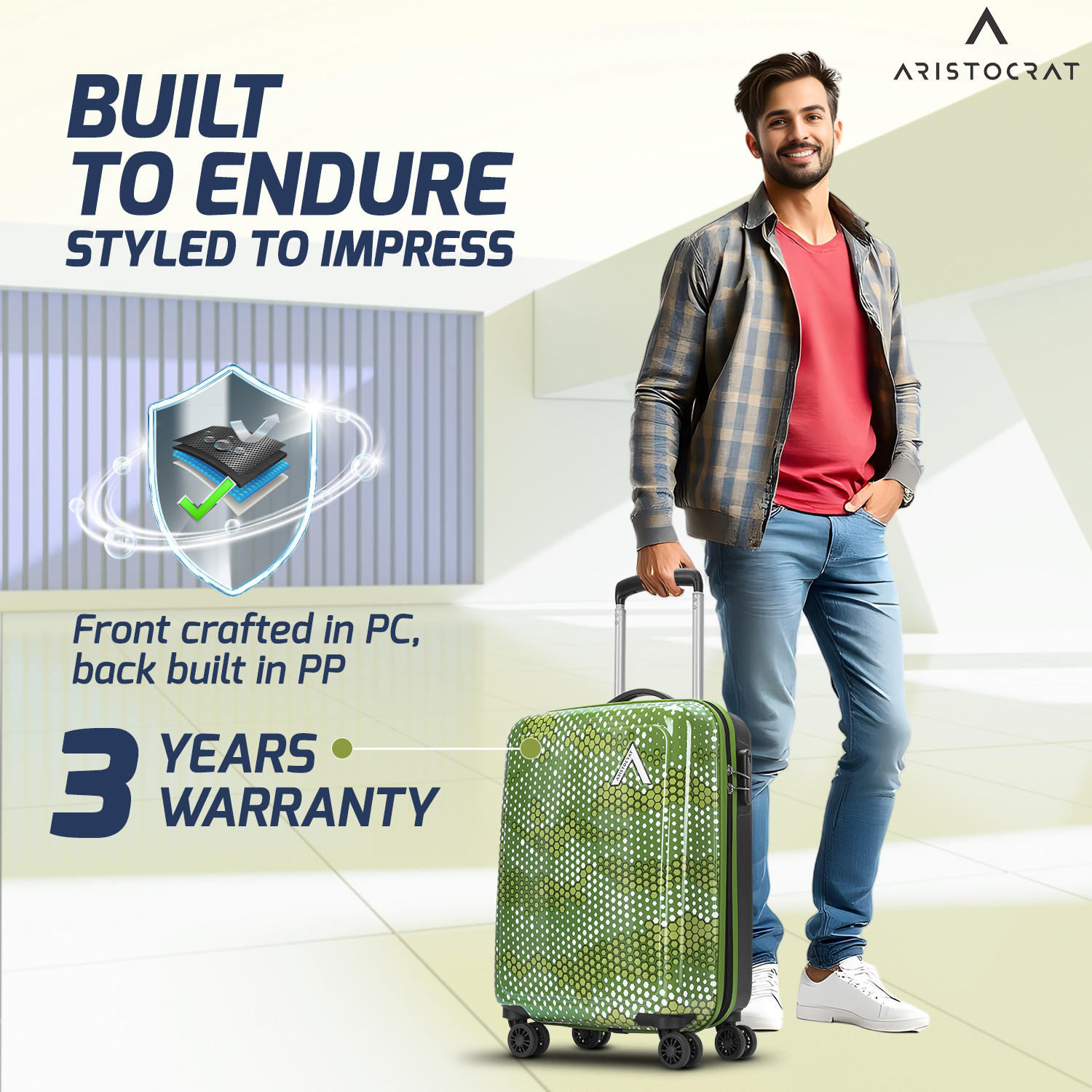 Image of ARISTOCRAT Combat Cabin Trolley Bag | Hard Luggage | Combination Lock with Sturdy Zipper Cabin Suitcase 8 Wheels - 21 Inch