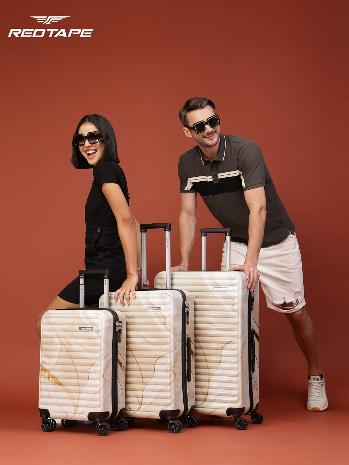 Image of Red Tape Unisex Polycarbonate Hard Trolley Bag (Large 76 cm + Medium 66 cm + Small 56 cm) Cabin & Check-in Set 8 Wheels - 28 inch